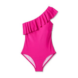 Kona Sol Women's Ruffle One Shoulder Full Coverage One Piece Swimsuit Pink Size S
