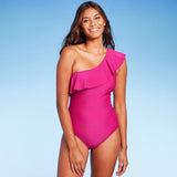 Kona Sol Women's Ruffle One Shoulder Full Coverage One Piece Swimsuit Pink Size S