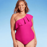Kona Sol Women's Ruffle One Shoulder High Coverage One Piece Swimsuit Pink Size 16