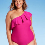 Kona Sol Women's Ruffle One Shoulder High Coverage One Piece Swimsuit Pink Size 18