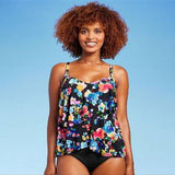 Women's Aqua Green Multi Floral UPF 50 V-Neck Tiered Tankini Top - Size S