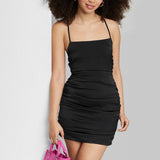 Black Satin Bodycon Dress Women's Lace-Up Back Wild Fable Size XXS