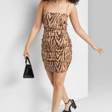 Wild Fable Women's Satin Dress XS - Tiger Print Cognac with Lace-Up Back