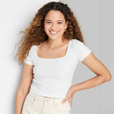 Wild Fable White Baby T-Shirt - Women's L Short Sleeve Square Neck Rib Fitted