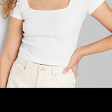 Wild Fable White Baby T-Shirt - Women's L Short Sleeve Square Neck Rib Fitted