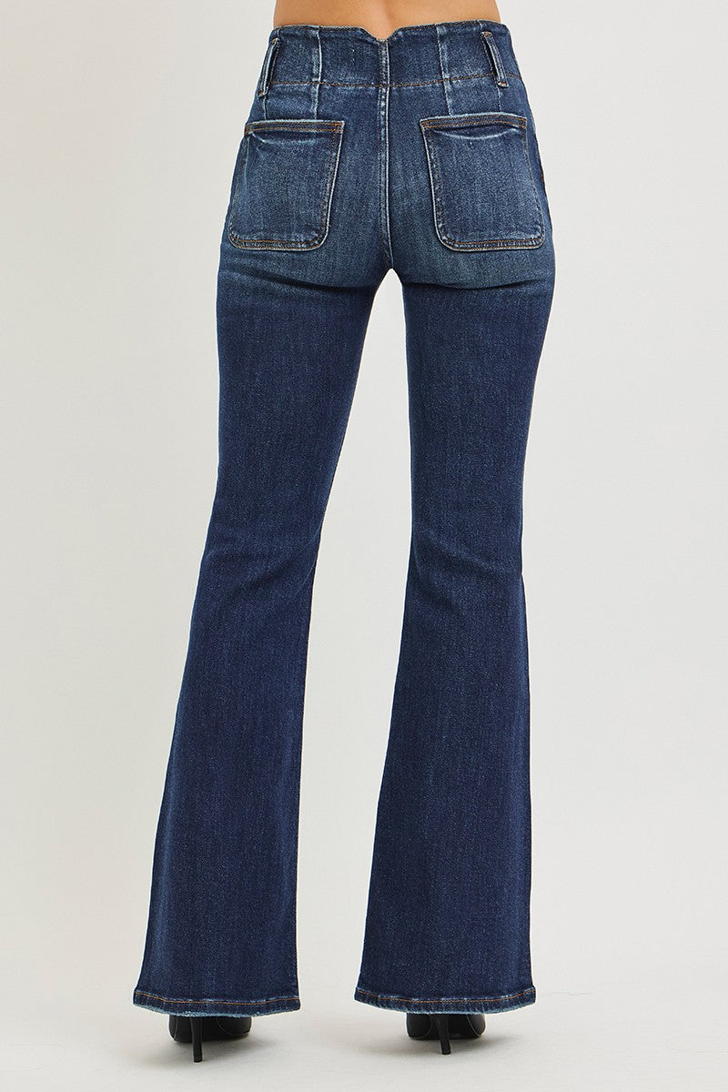 Risen High Rise Flare Jeans With Seam Detail Waistband
