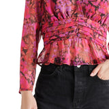 Steve Madden Women's Azura Floral-Print V-Neck Peplum Top - Dark Fuschia Size XS