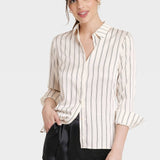 A New Day Women's Cream Striped Shirt Long Sleeve Button-Front Size M