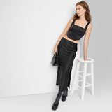 Wild Fable Black Satin Lace Trim Midi Skirt for Women Size S