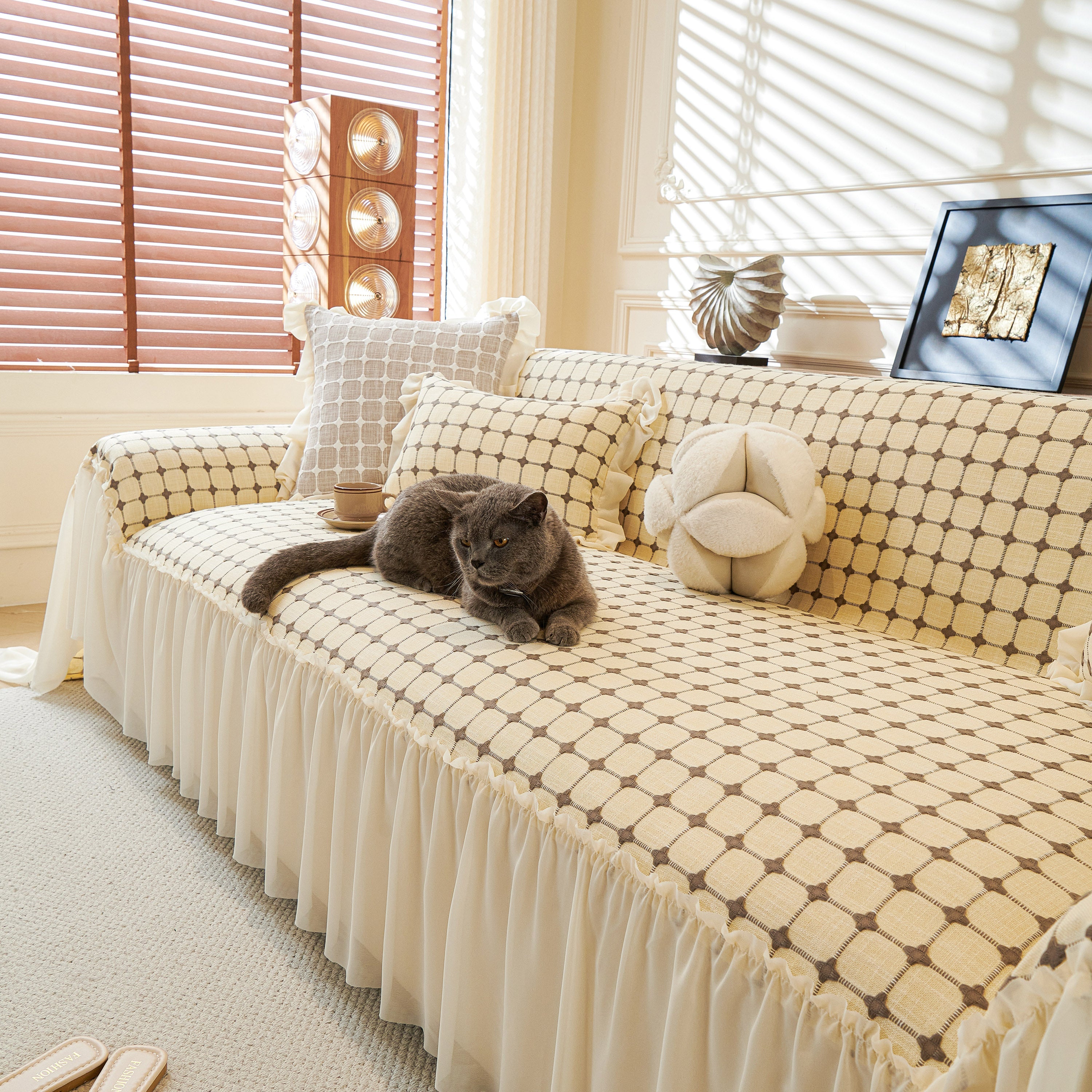 Grid Textured Sofa Cover With Sheer Ruffle Skirt, Pet-friendly Sofa Throw Slipcover