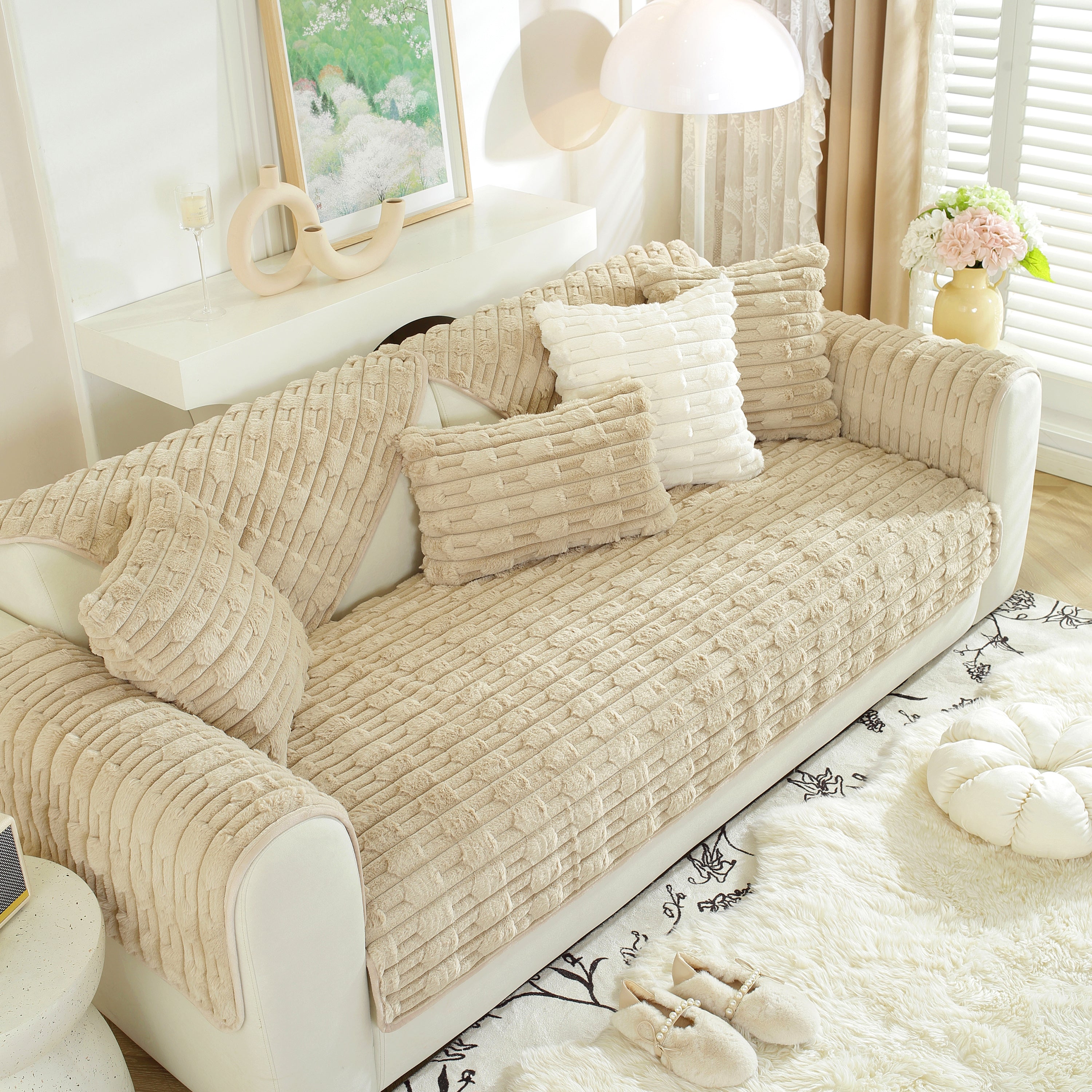 Bamboo-style Sofa Towel, Faux Rabbit Fur Thickened Non-slip Seat Cushion Covers