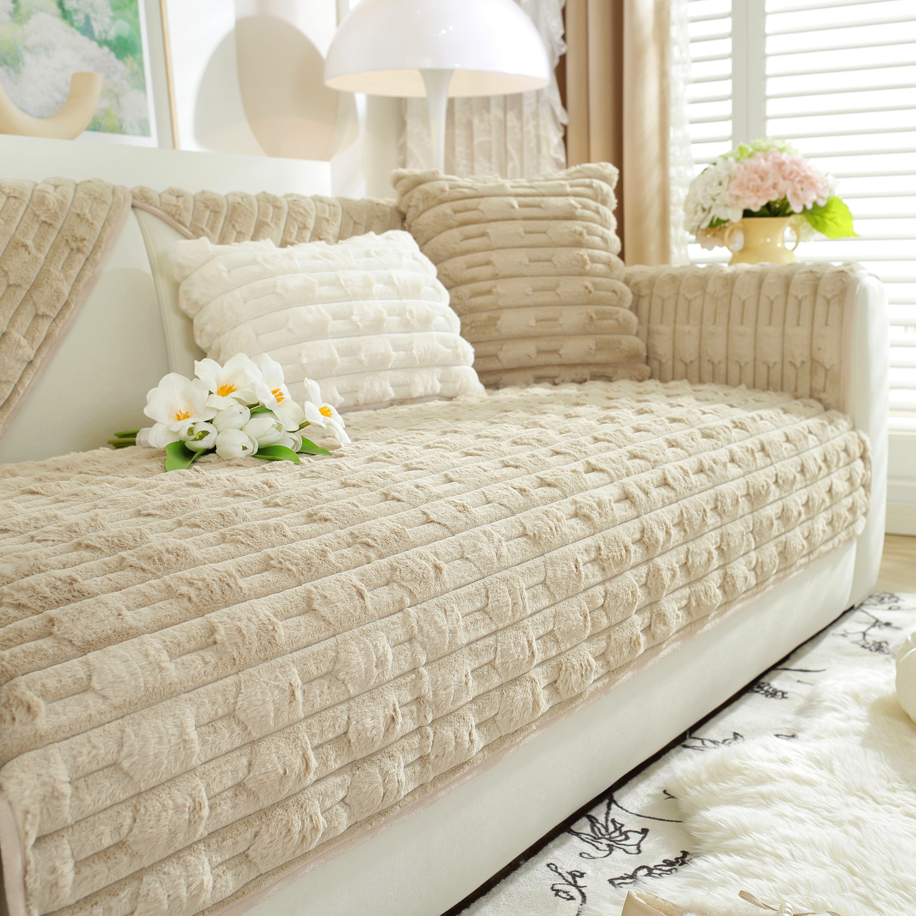Bamboo-style Sofa Towel, Faux Rabbit Fur Thickened Non-slip Seat Cushion Covers