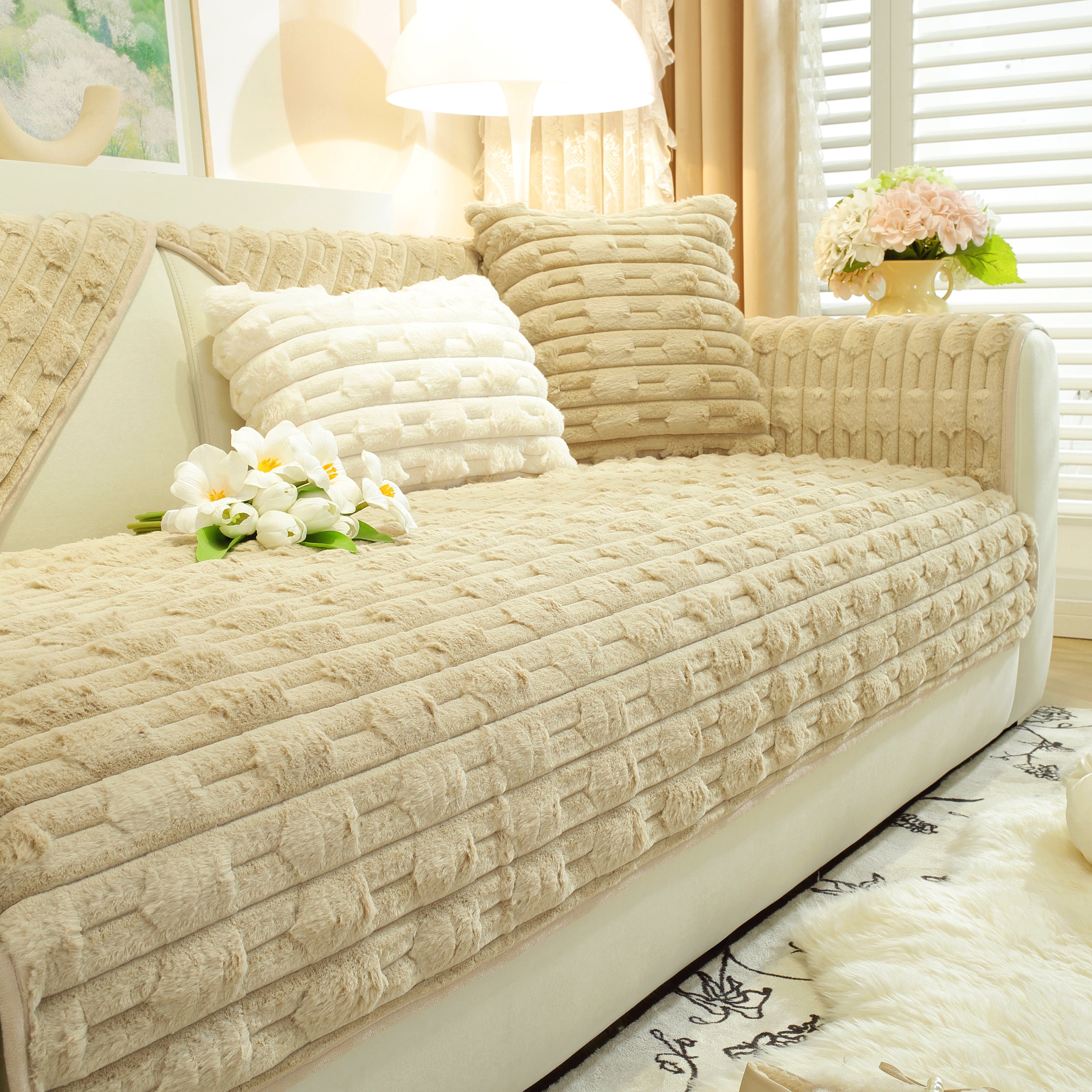 Bamboo-style Sofa Towel, Faux Rabbit Fur Thickened Non-slip Seat Cushion Covers