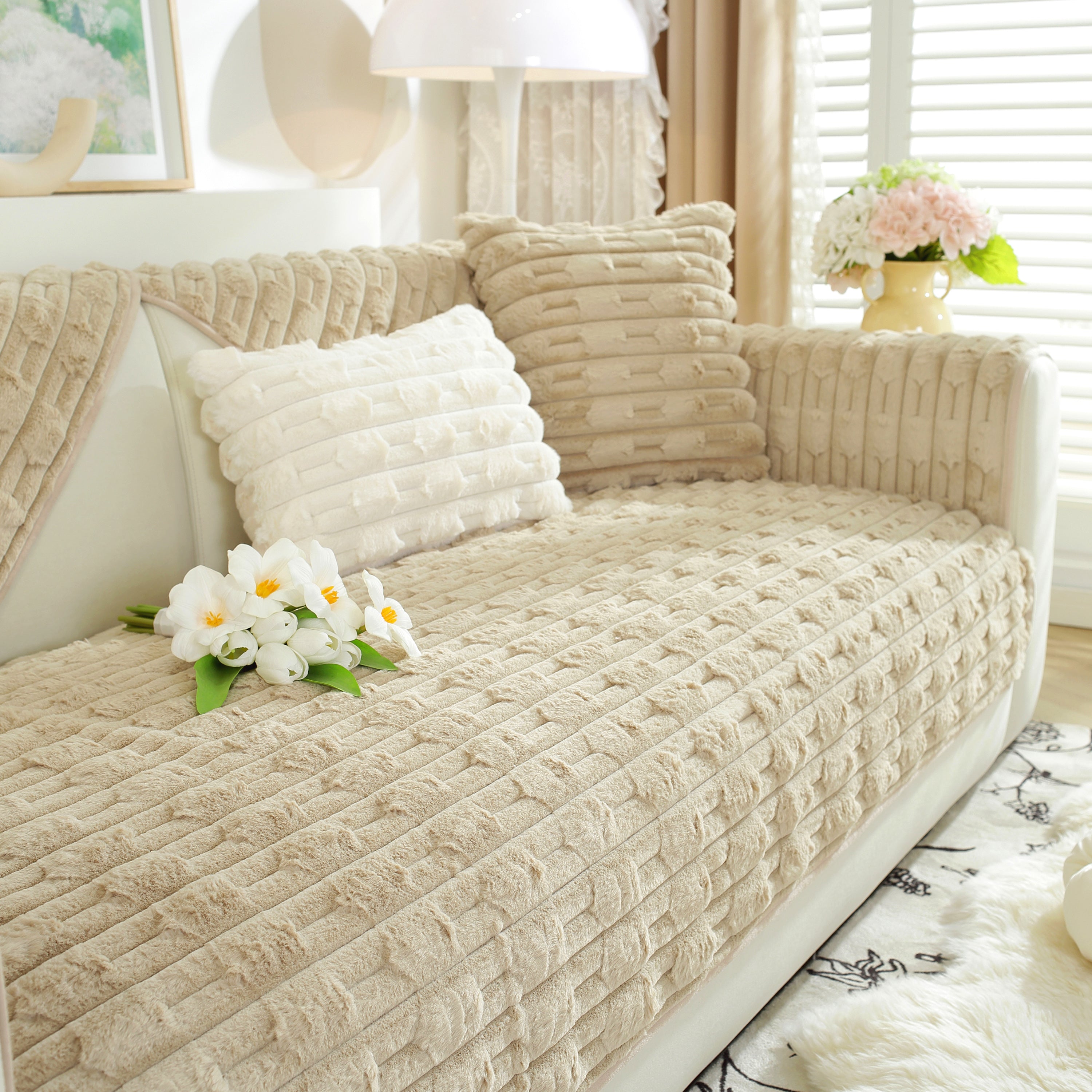 Bamboo-style Sofa Towel, Faux Rabbit Fur Thickened Non-slip Seat Cushion Covers