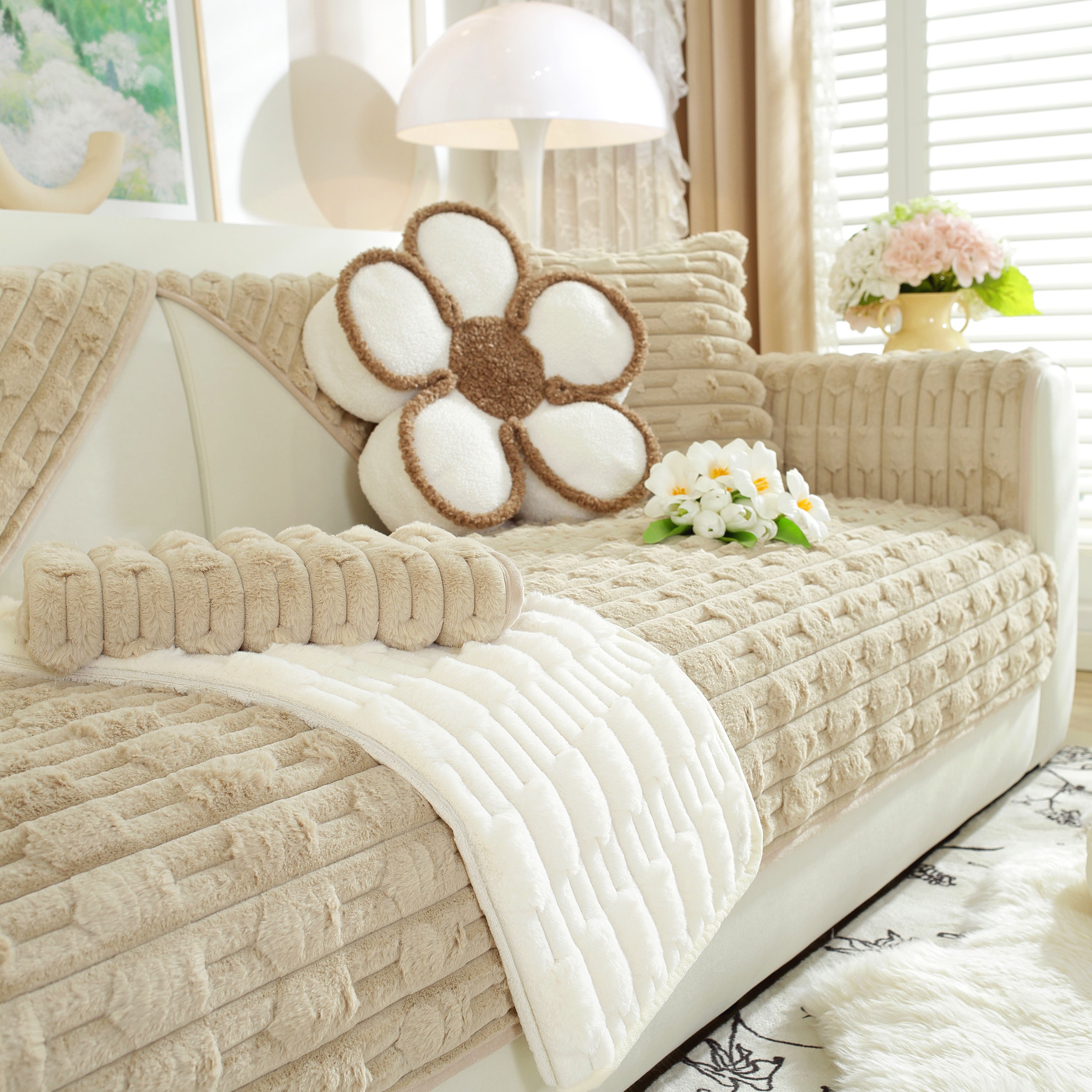 Bamboo-style Sofa Towel, Faux Rabbit Fur Thickened Non-slip Seat Cushion Covers