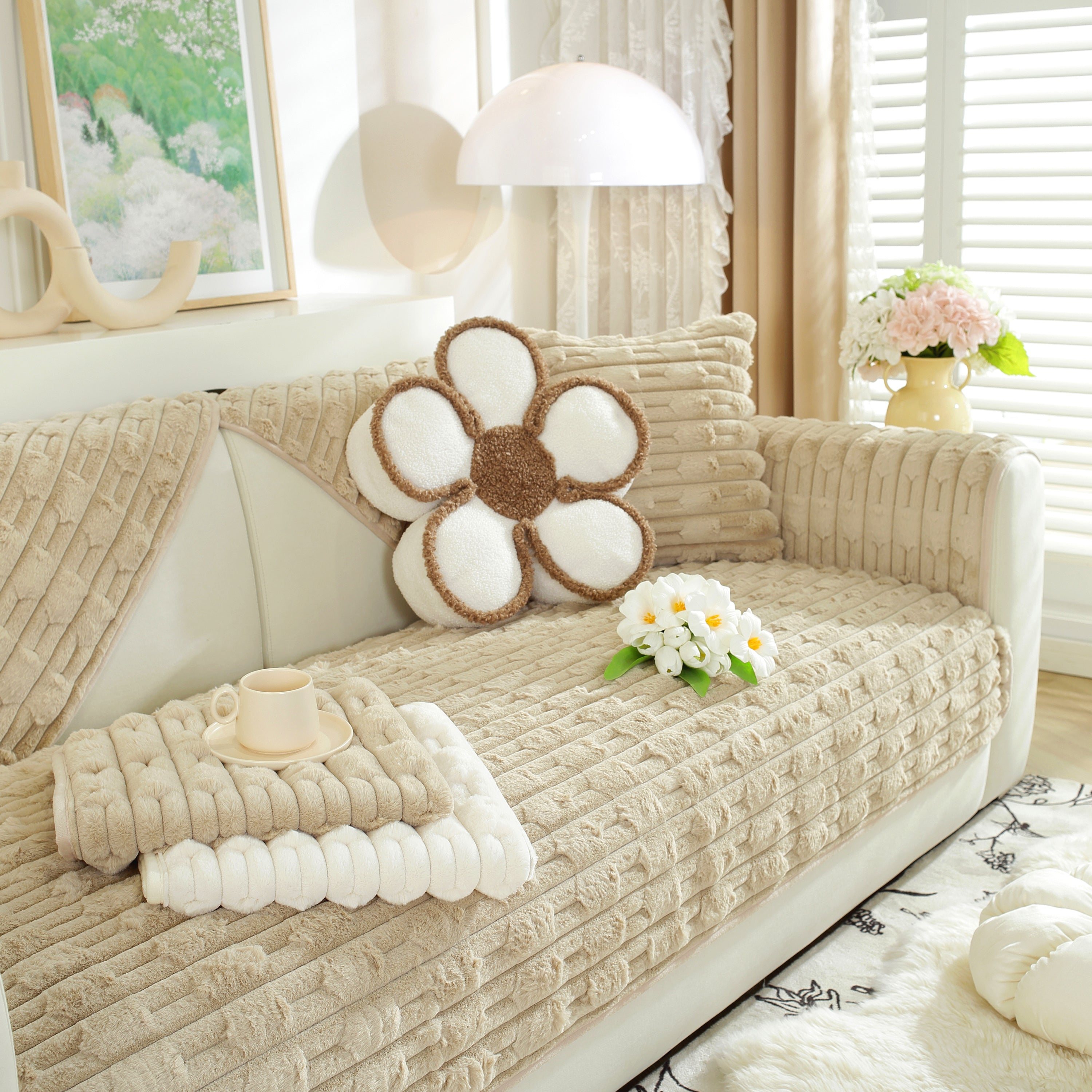 Bamboo-style Sofa Towel, Faux Rabbit Fur Thickened Non-slip Seat Cushion Covers