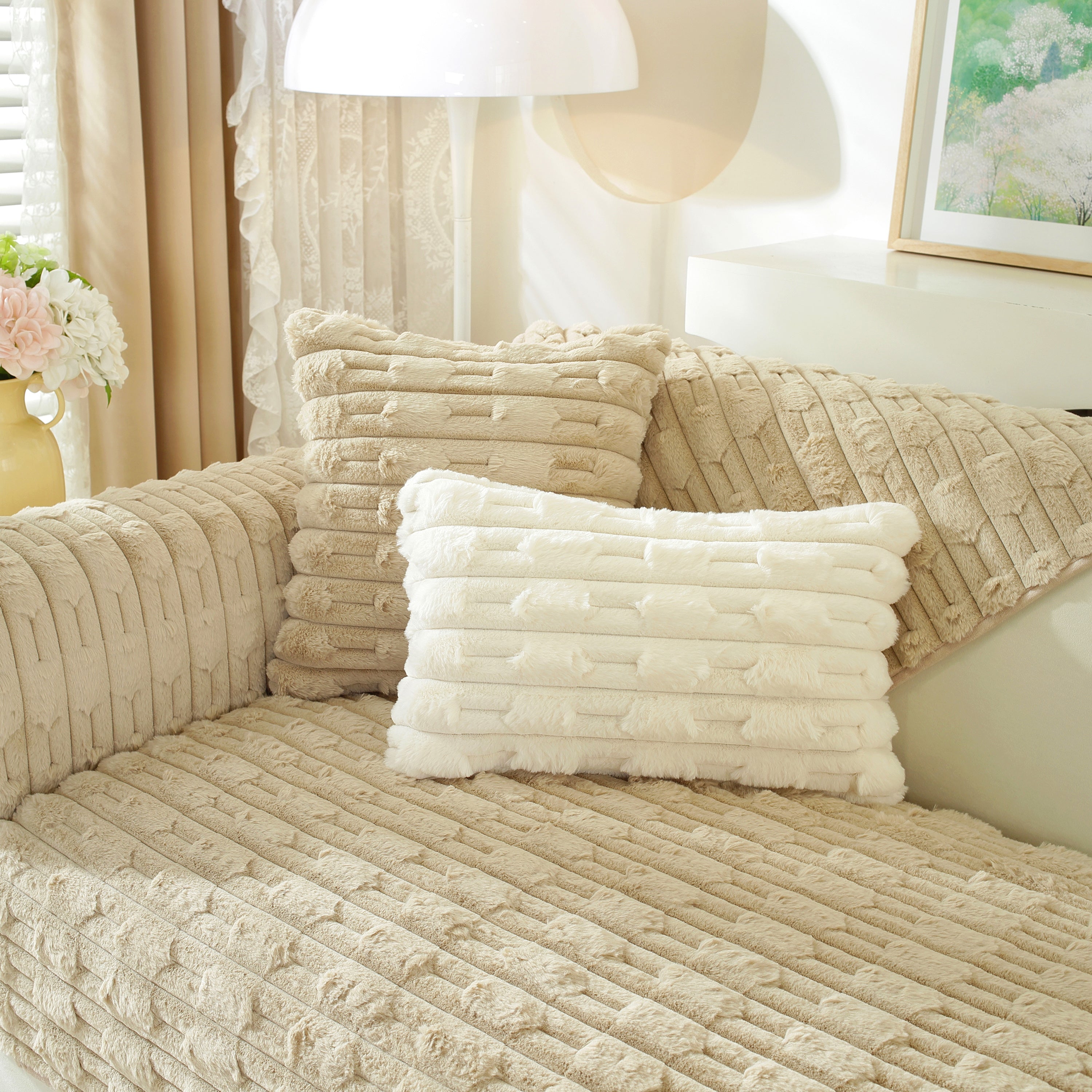 Bamboo-style Sofa Towel, Faux Rabbit Fur Thickened Non-slip Seat Cushion Covers