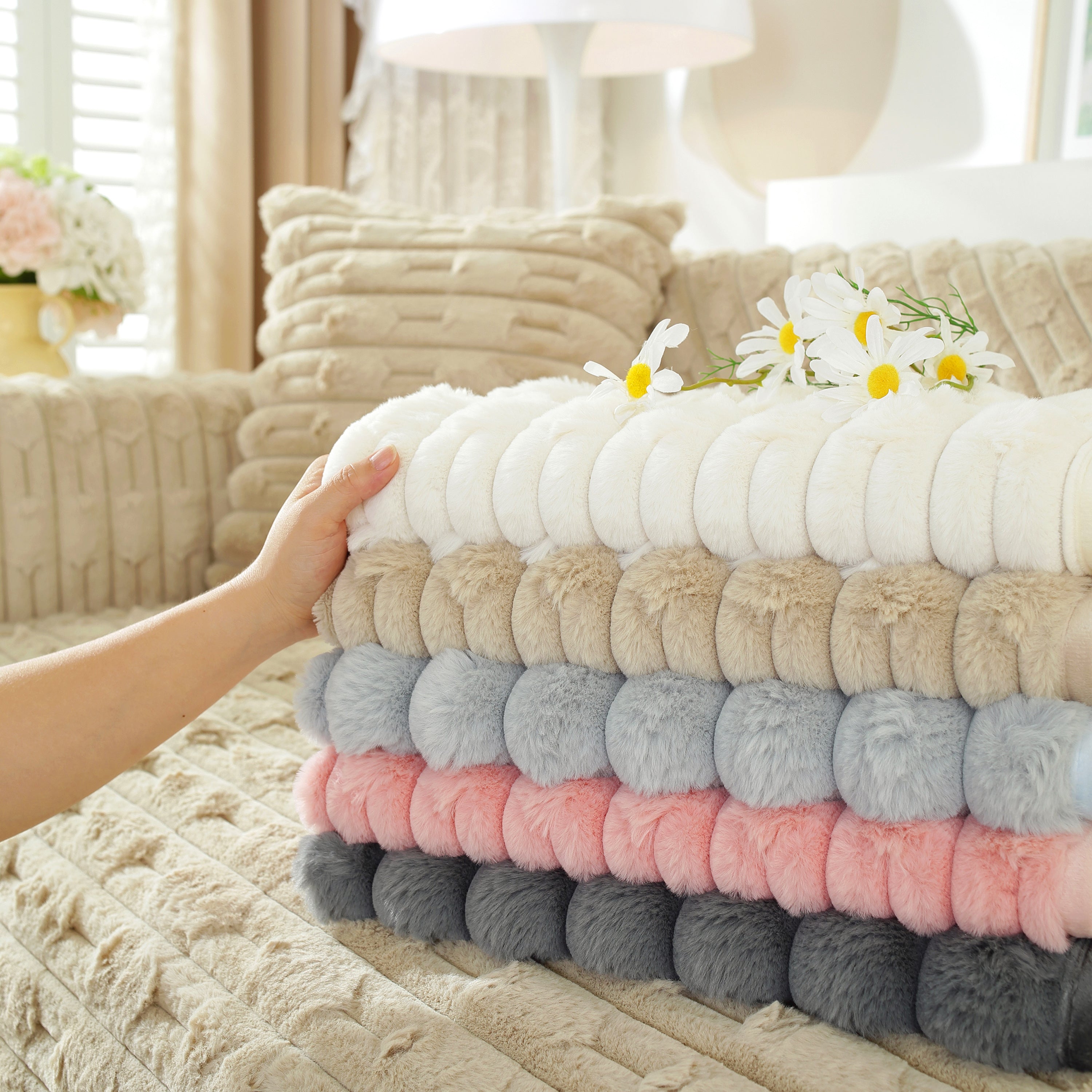 Bamboo-style Sofa Towel, Faux Rabbit Fur Thickened Non-slip Seat Cushion Covers