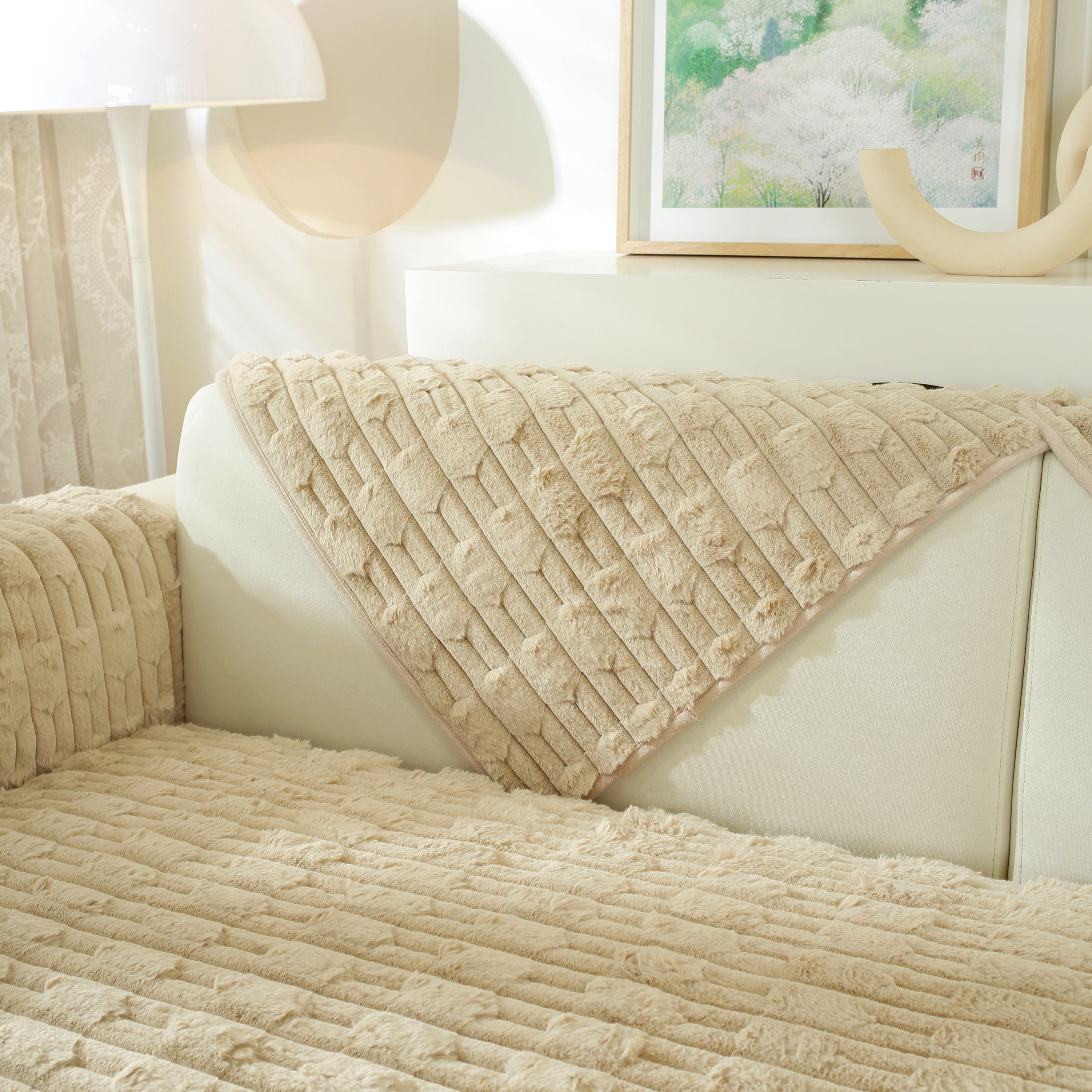 Bamboo-style Sofa Towel, Faux Rabbit Fur Thickened Non-slip Seat Cushion Covers