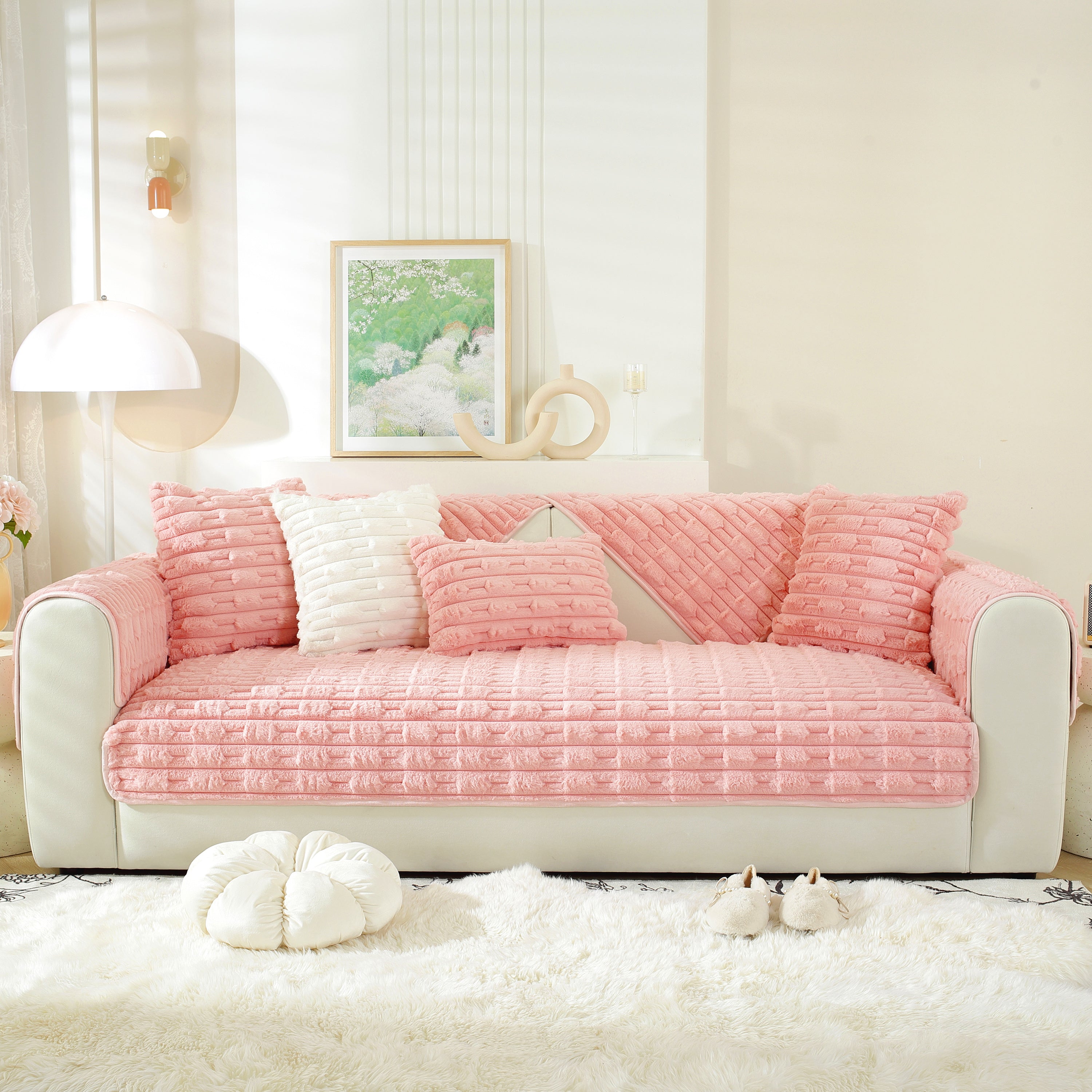Bamboo-style Sofa Towel, Faux Rabbit Fur Thickened Non-slip Seat Cushion Covers