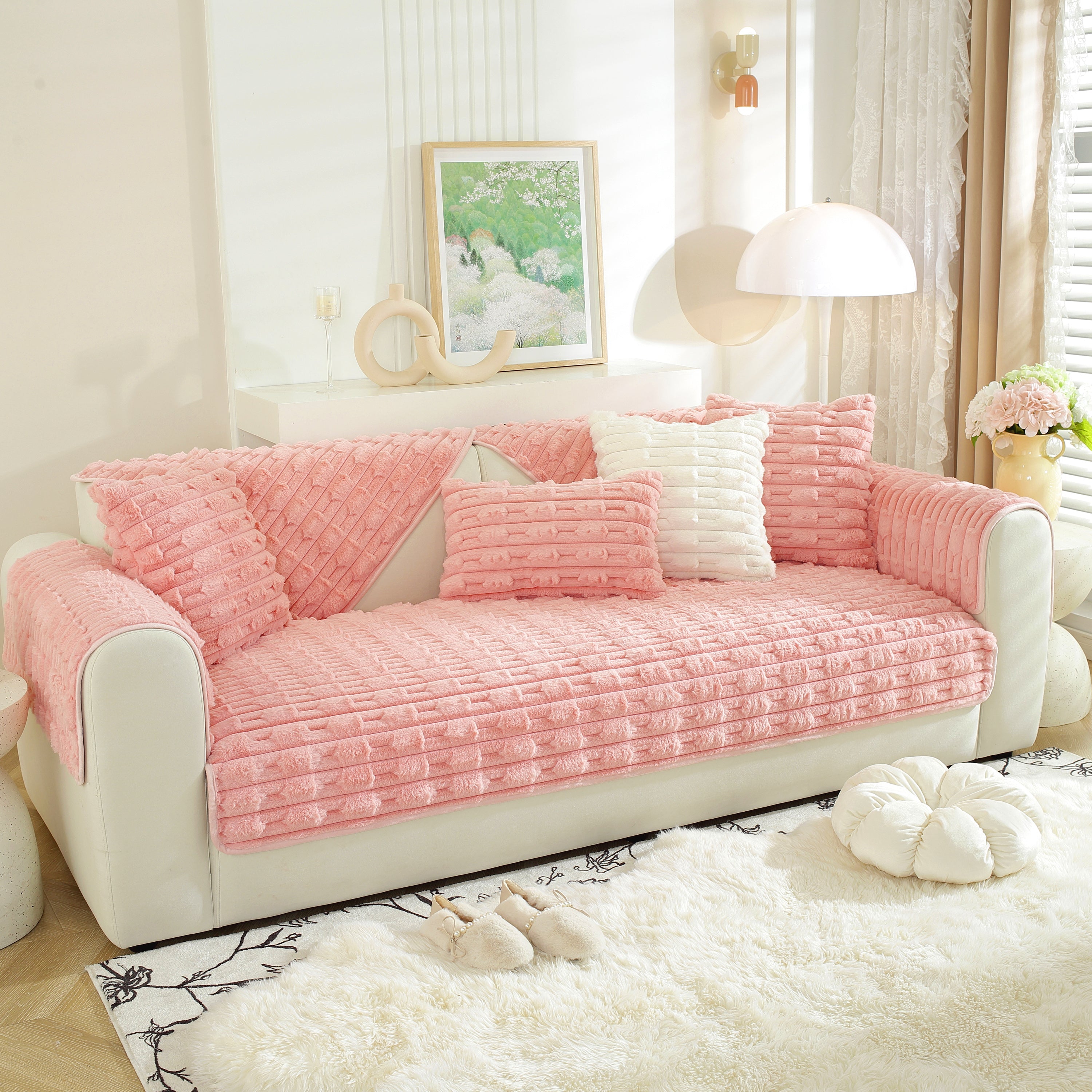 Bamboo-style Sofa Towel, Faux Rabbit Fur Thickened Non-slip Seat Cushion Covers