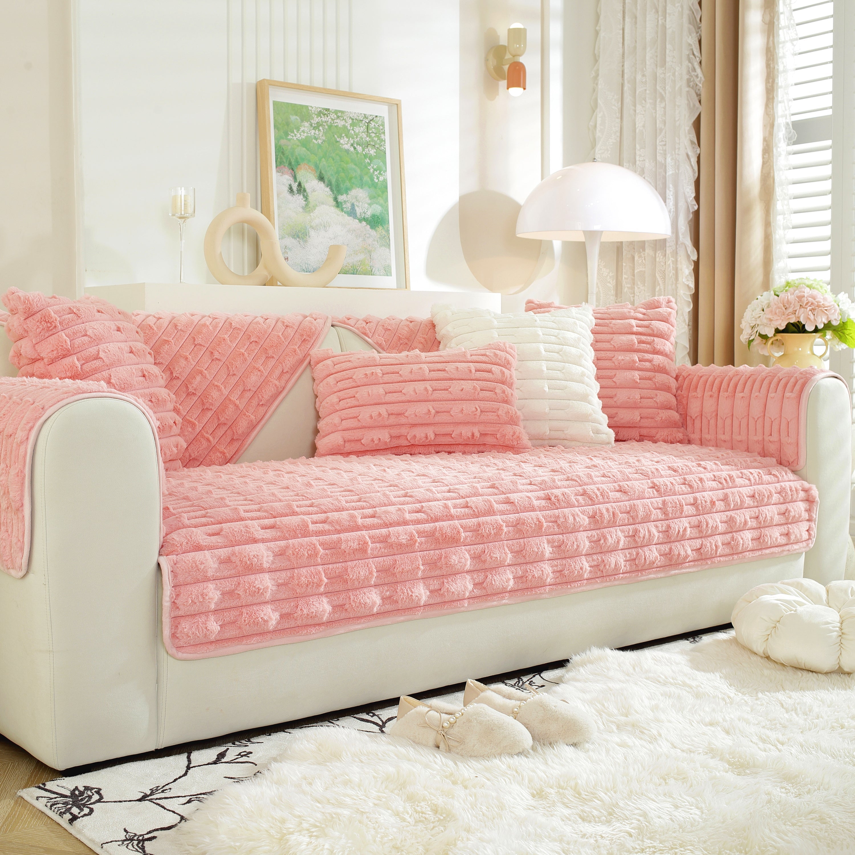 Bamboo-style Sofa Towel, Faux Rabbit Fur Thickened Non-slip Seat Cushion Covers