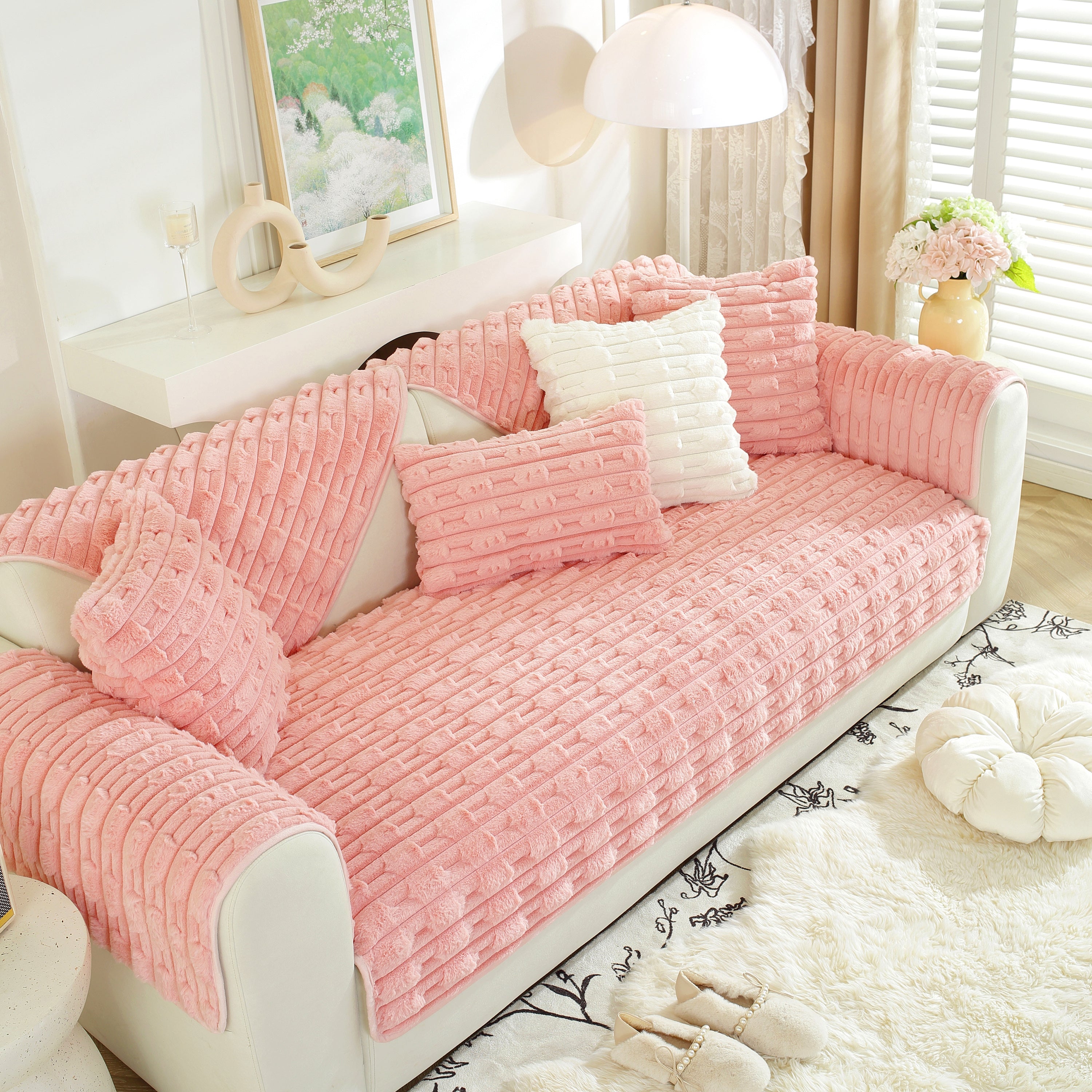 Bamboo-style Sofa Towel, Faux Rabbit Fur Thickened Non-slip Seat Cushion Covers