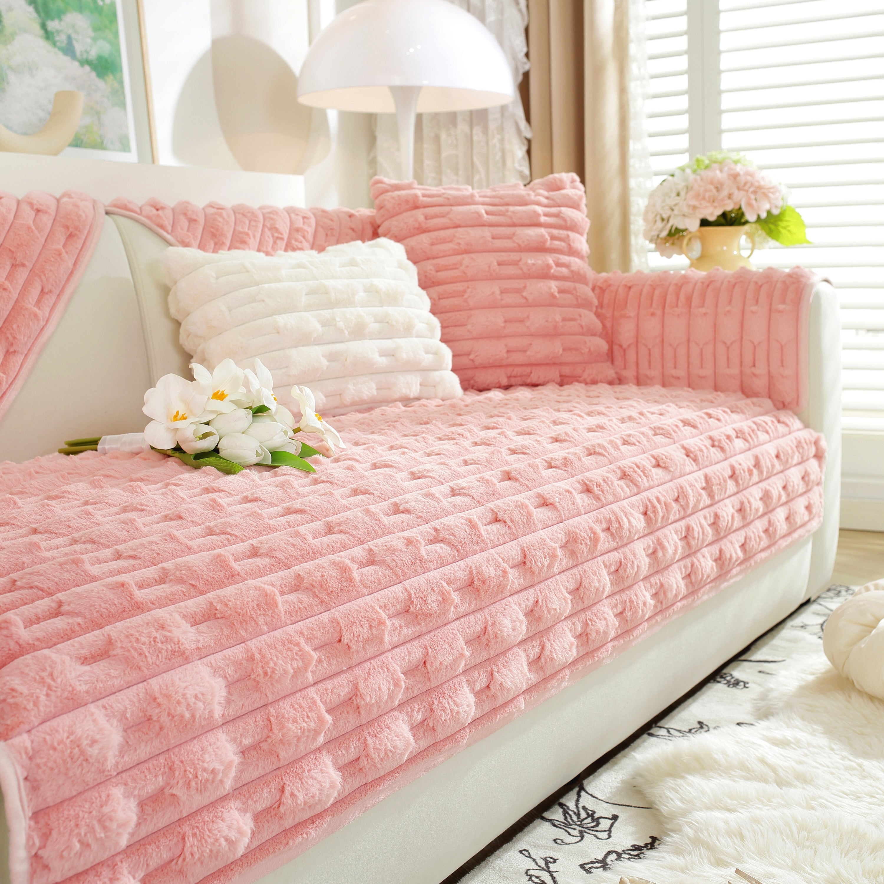 Bamboo-style Sofa Towel, Faux Rabbit Fur Thickened Non-slip Seat Cushion Covers