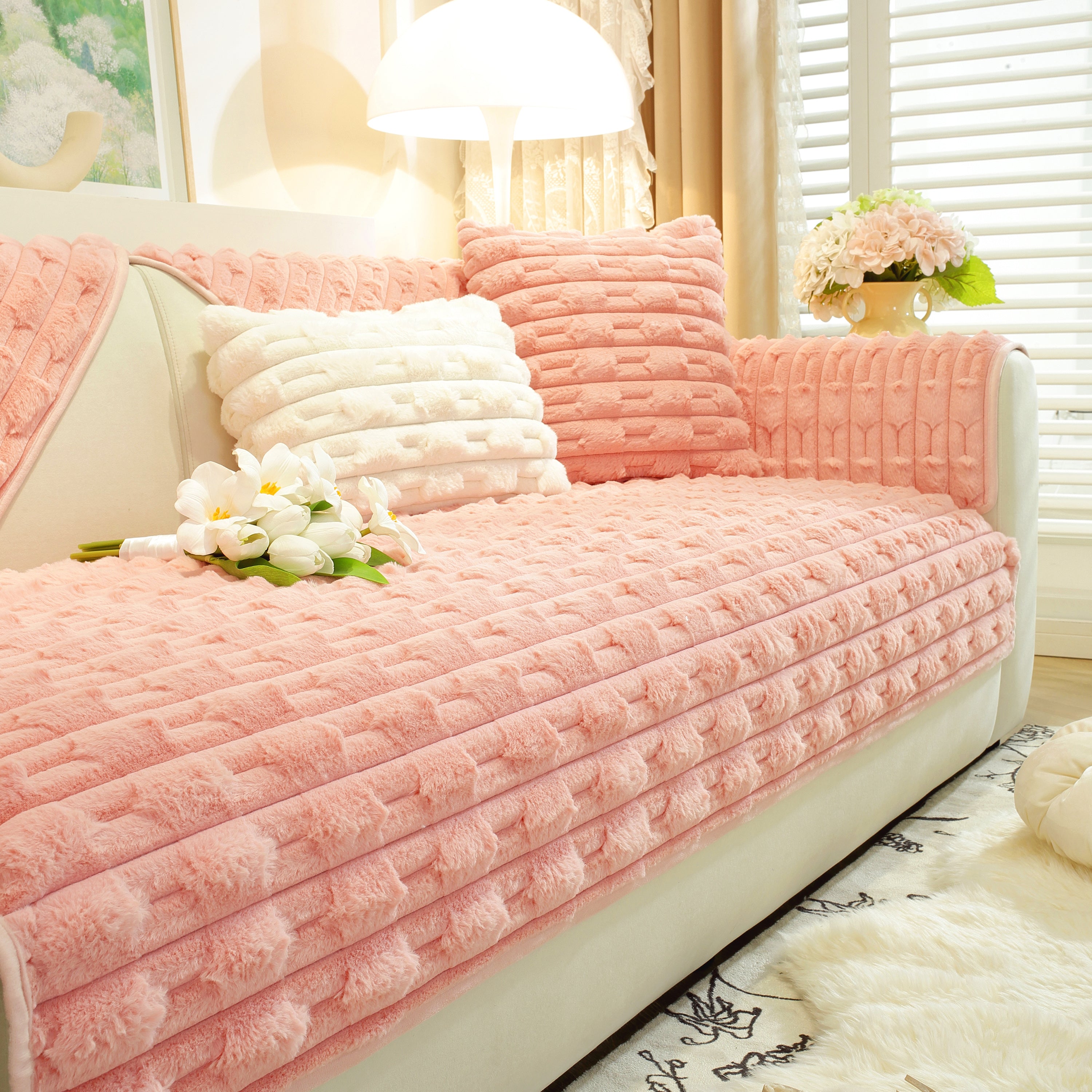 Bamboo-style Sofa Towel, Faux Rabbit Fur Thickened Non-slip Seat Cushion Covers