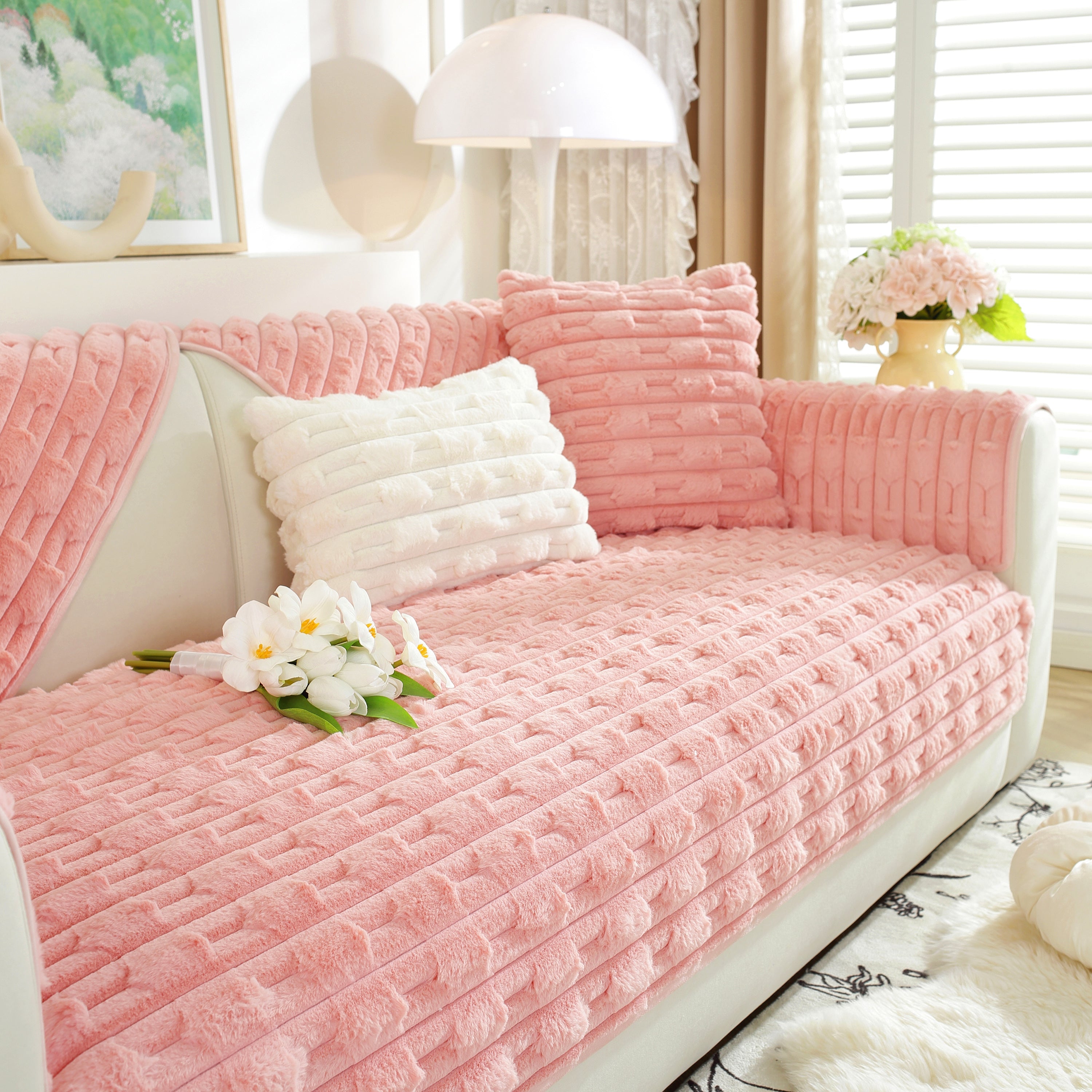 Bamboo-style Sofa Towel, Faux Rabbit Fur Thickened Non-slip Seat Cushion Covers