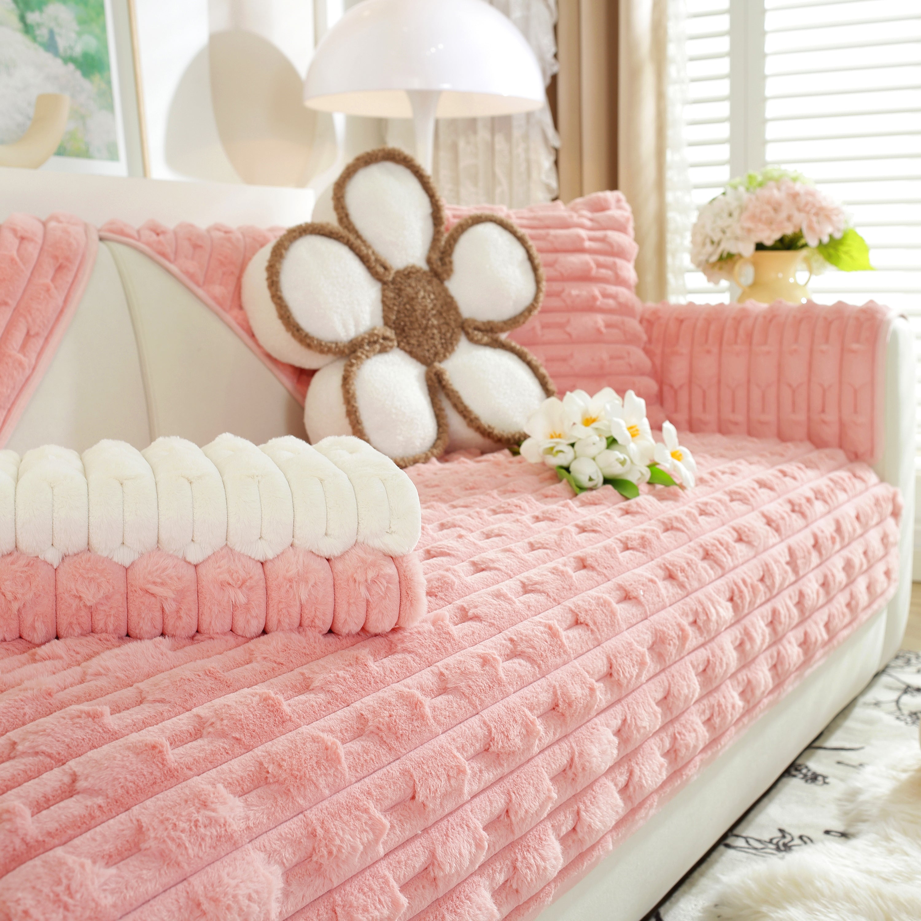 Bamboo-style Sofa Towel, Faux Rabbit Fur Thickened Non-slip Seat Cushion Covers