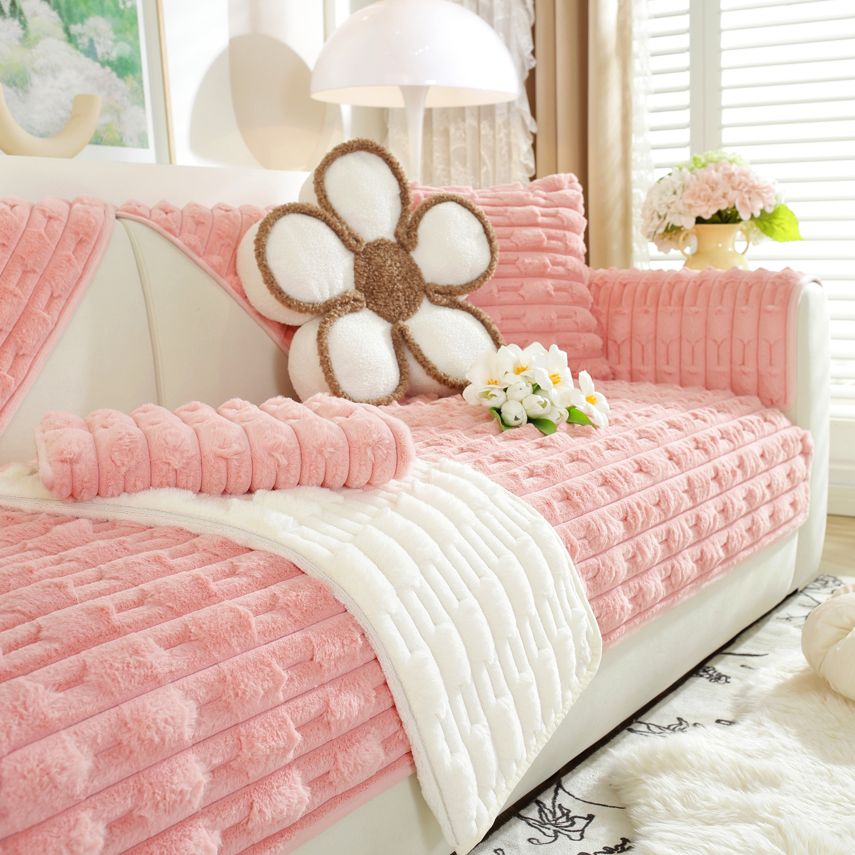 Bamboo-style Sofa Towel, Faux Rabbit Fur Thickened Non-slip Seat Cushion Covers