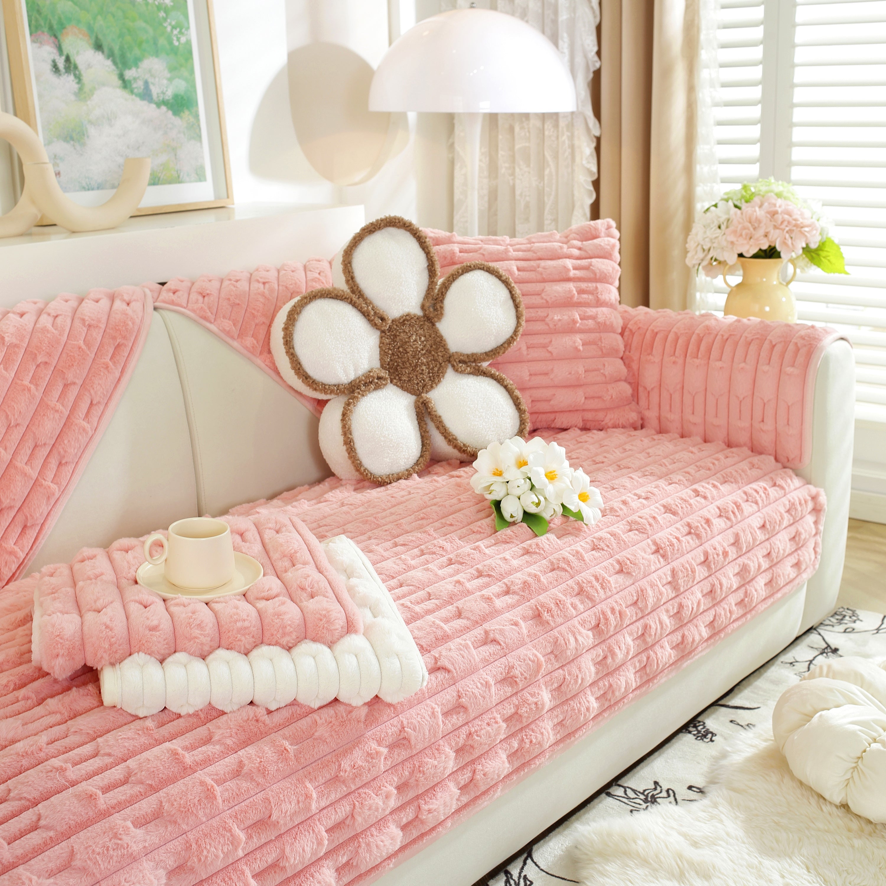 Bamboo-style Sofa Towel, Faux Rabbit Fur Thickened Non-slip Seat Cushion Covers
