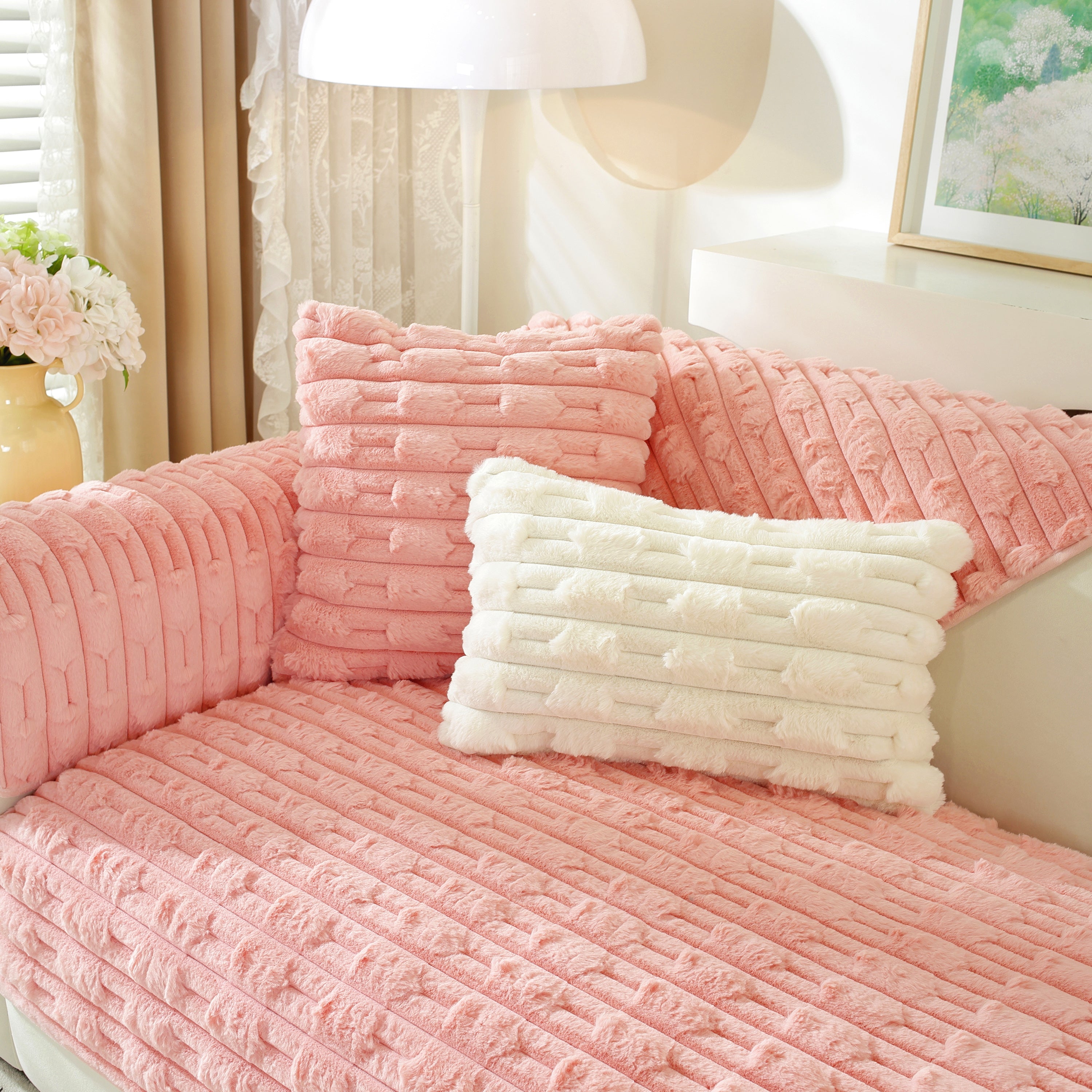 Bamboo-style Sofa Towel, Faux Rabbit Fur Thickened Non-slip Seat Cushion Covers