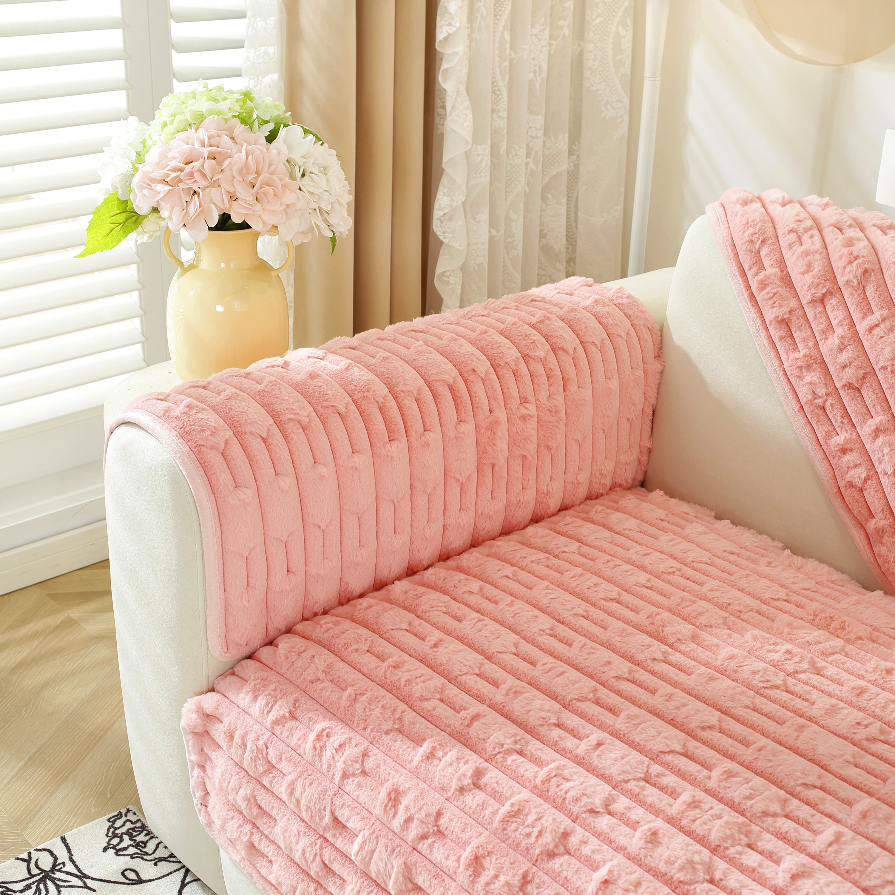 Bamboo-style Sofa Towel, Faux Rabbit Fur Thickened Non-slip Seat Cushion Covers