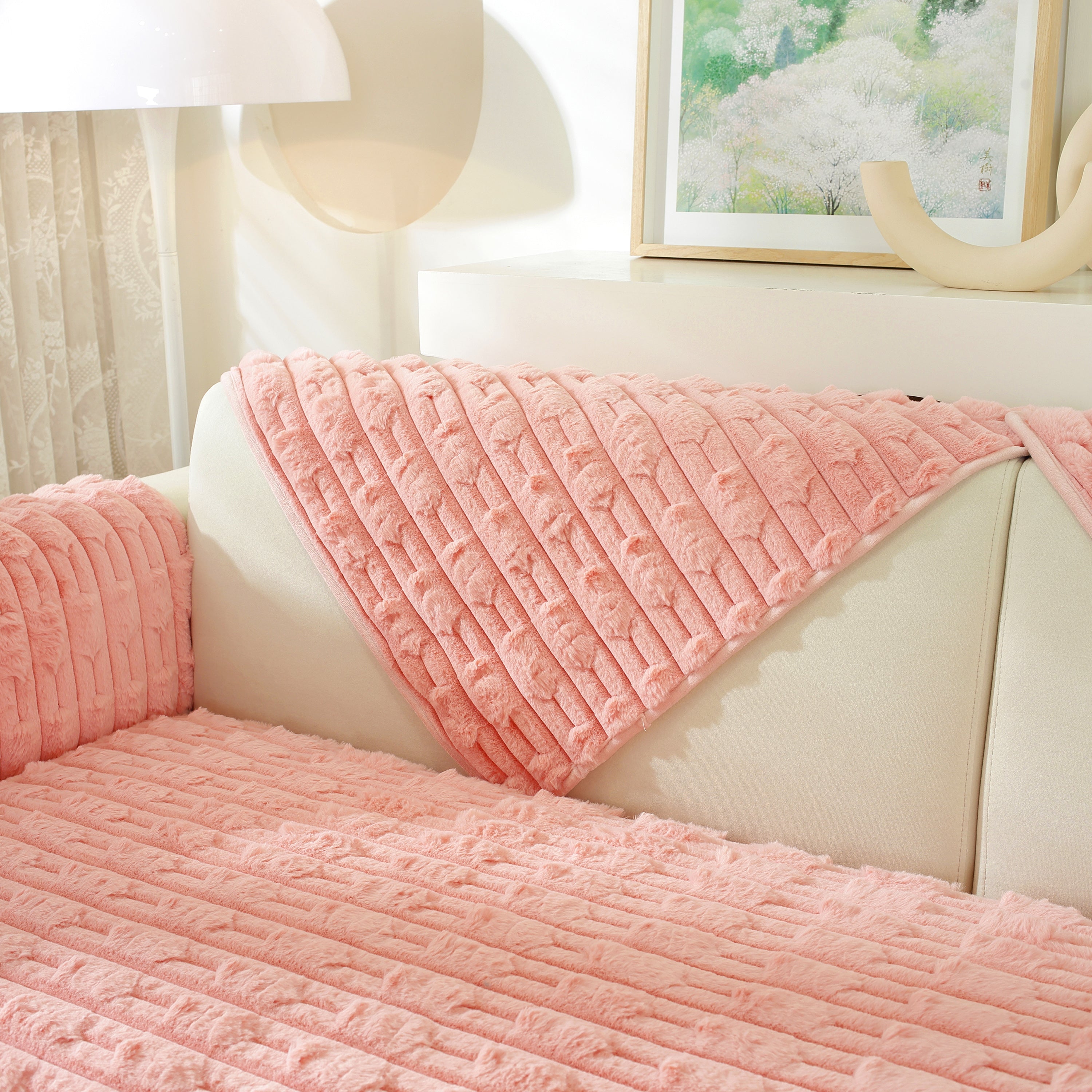 Bamboo-style Sofa Towel, Faux Rabbit Fur Thickened Non-slip Seat Cushion Covers