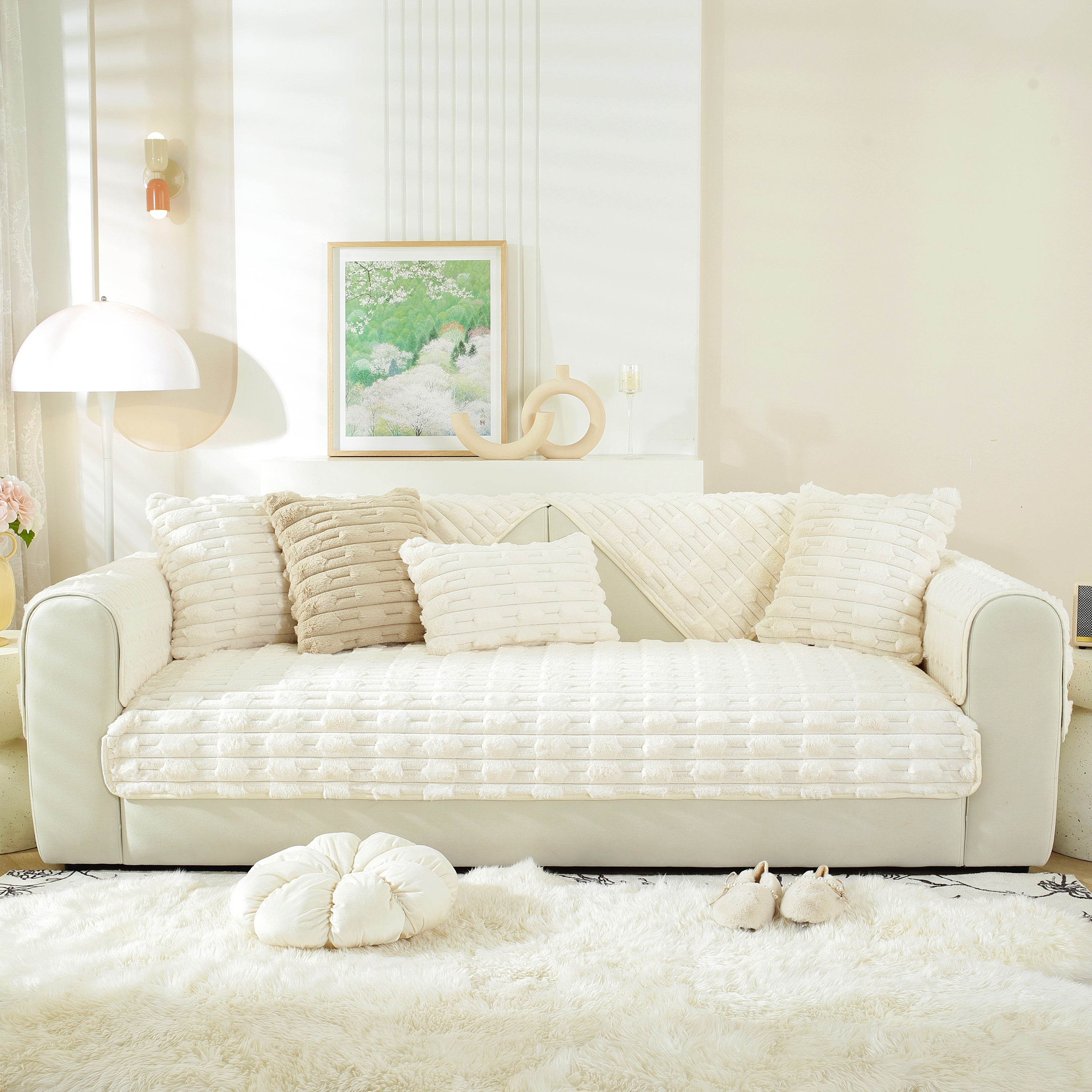 Bamboo-style Sofa Towel, Faux Rabbit Fur Thickened Non-slip Seat Cushion Covers