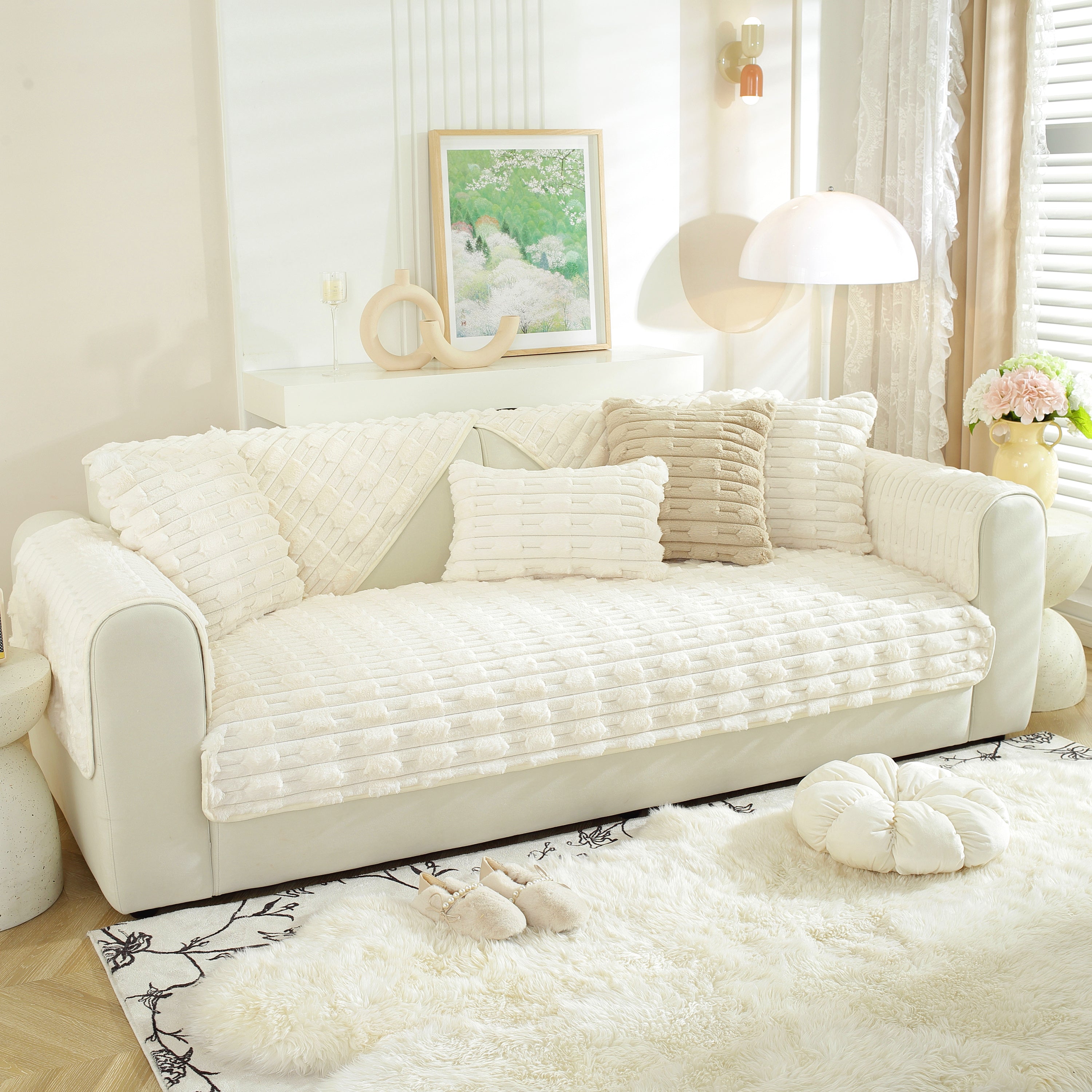 Bamboo-style Sofa Towel, Faux Rabbit Fur Thickened Non-slip Seat Cushion Covers