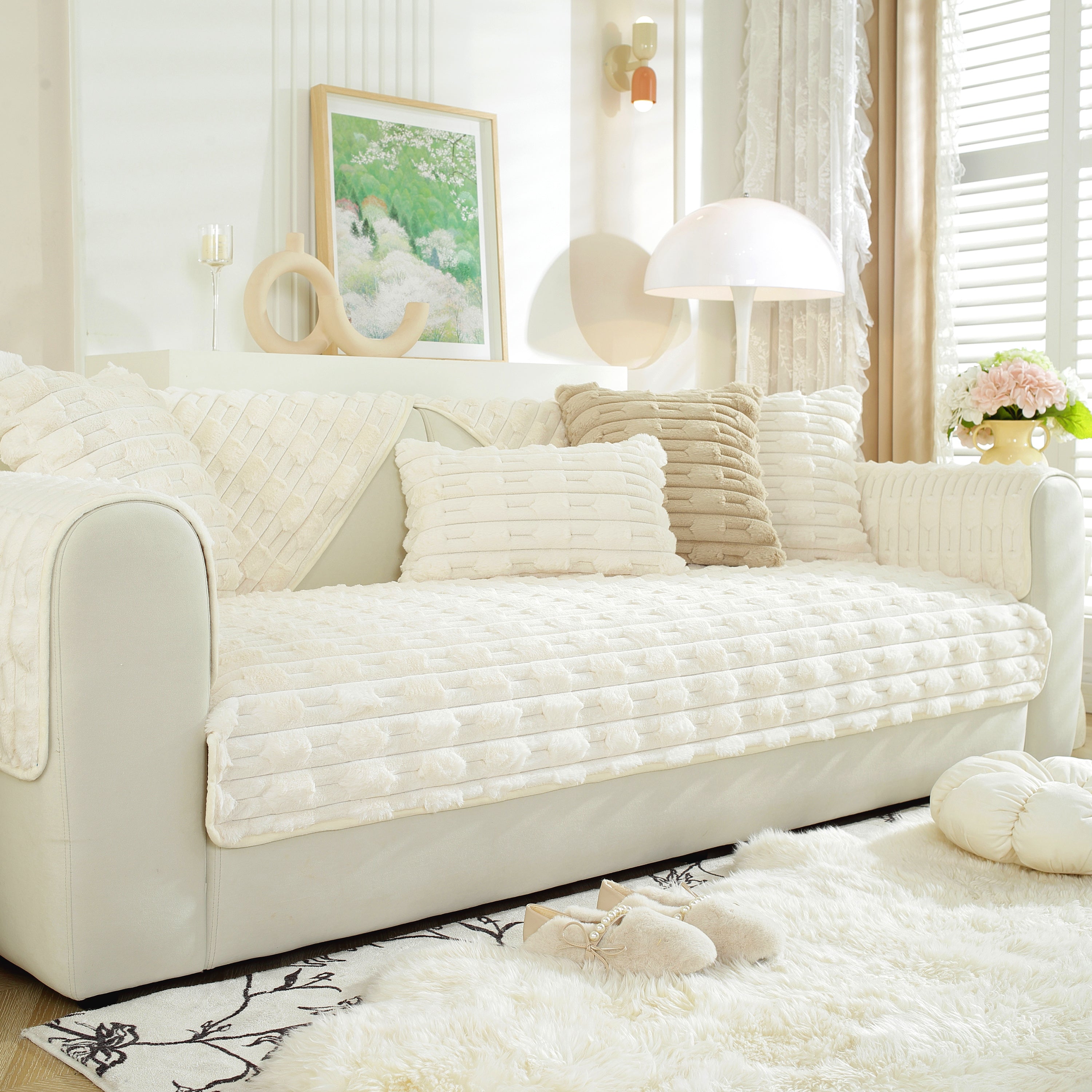 Bamboo-style Sofa Towel, Faux Rabbit Fur Thickened Non-slip Seat Cushion Covers