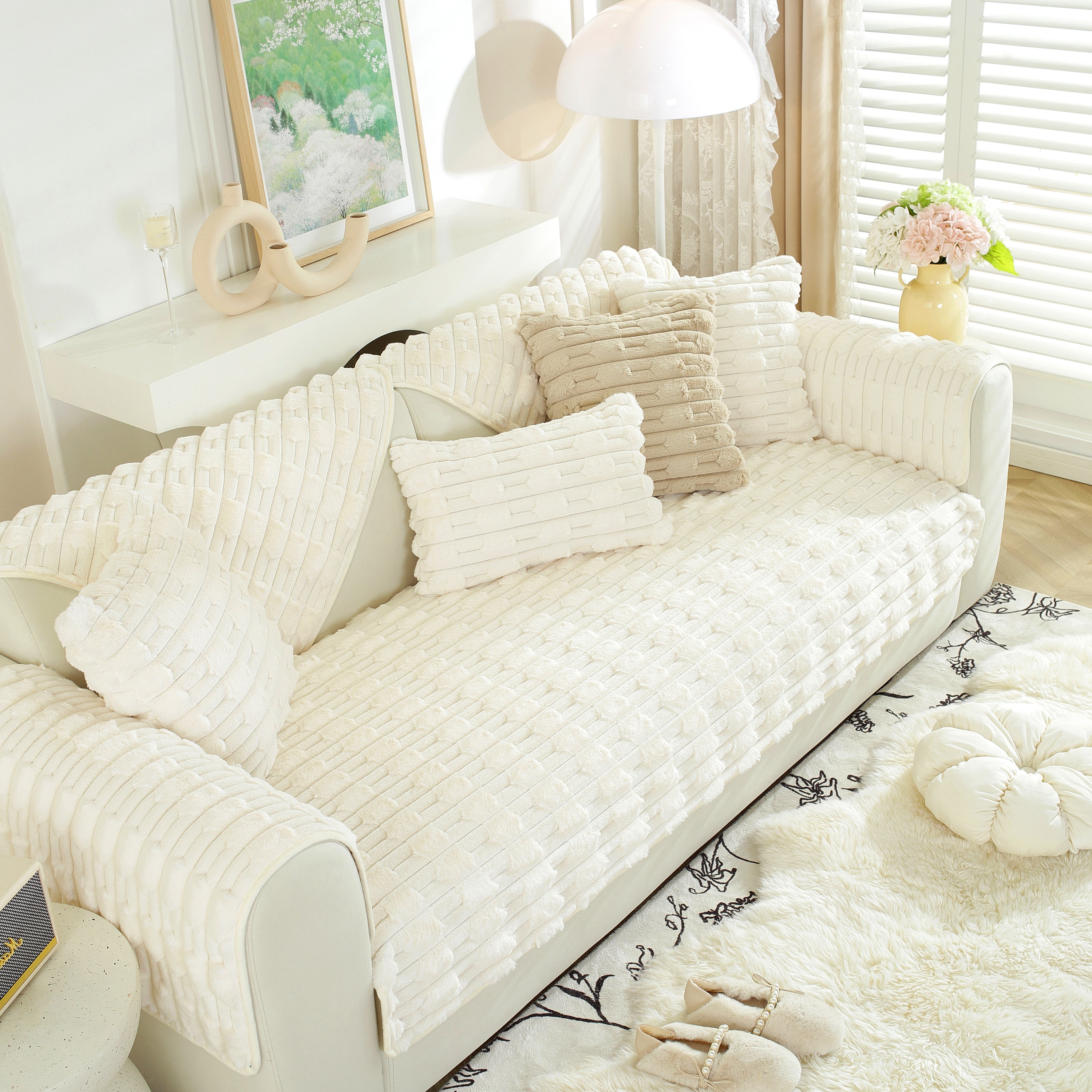 Bamboo-style Sofa Towel, Faux Rabbit Fur Thickened Non-slip Seat Cushion Covers