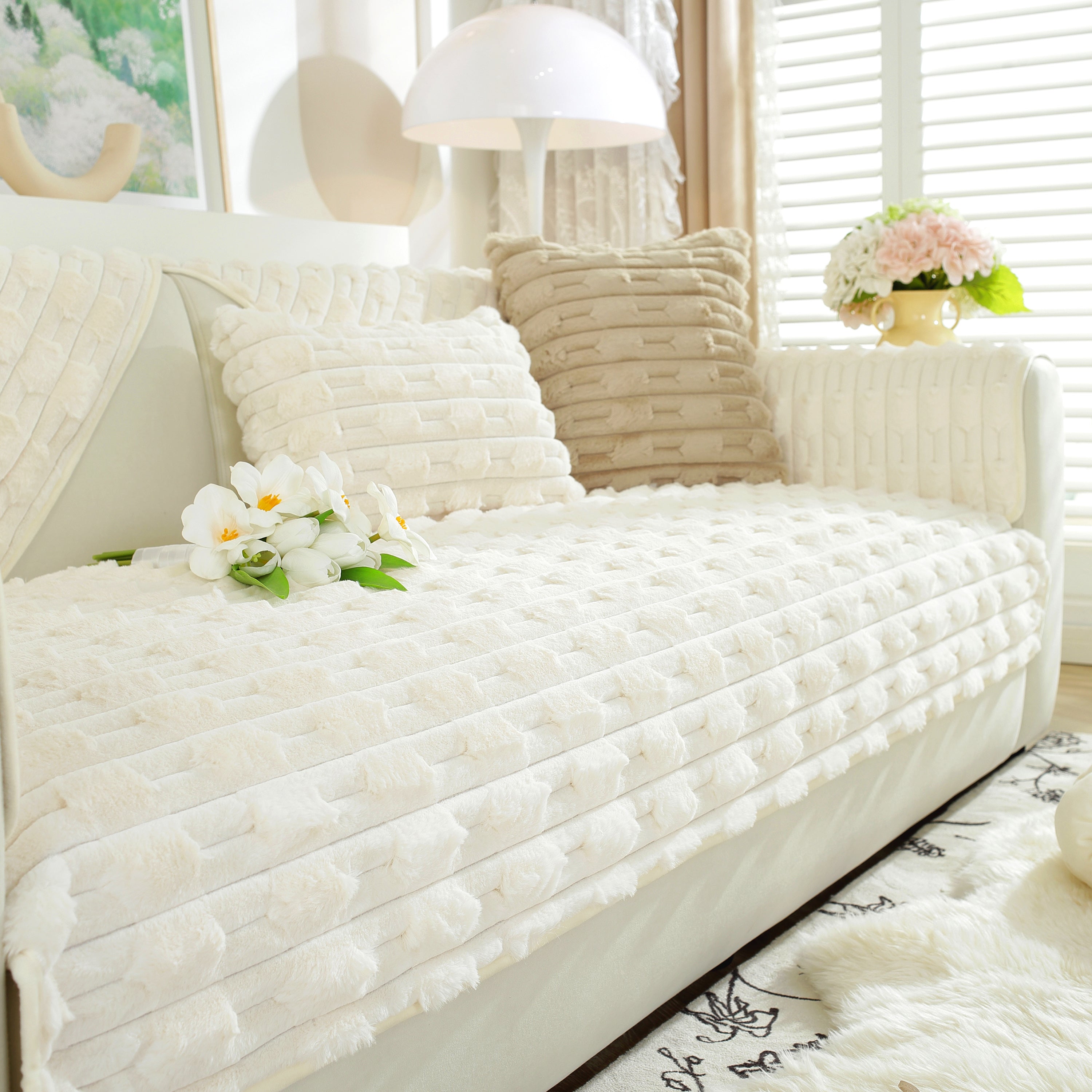 Bamboo-style Sofa Towel, Faux Rabbit Fur Thickened Non-slip Seat Cushion Covers
