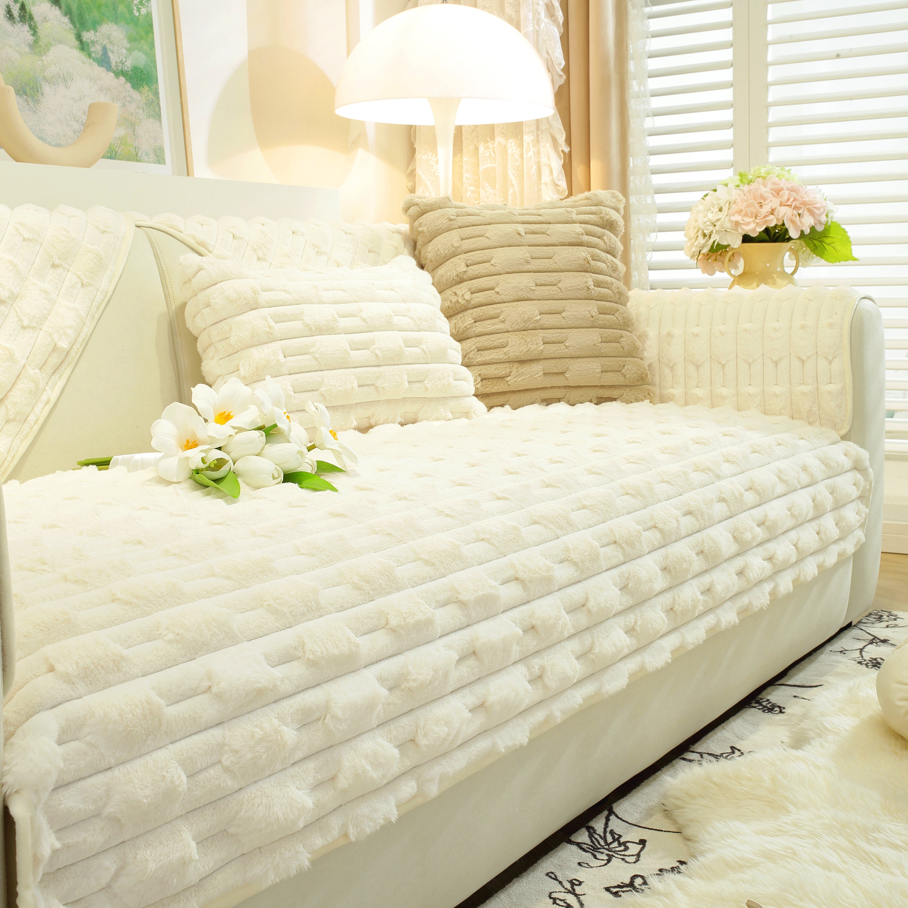 Bamboo-style Sofa Towel, Faux Rabbit Fur Thickened Non-slip Seat Cushion Covers