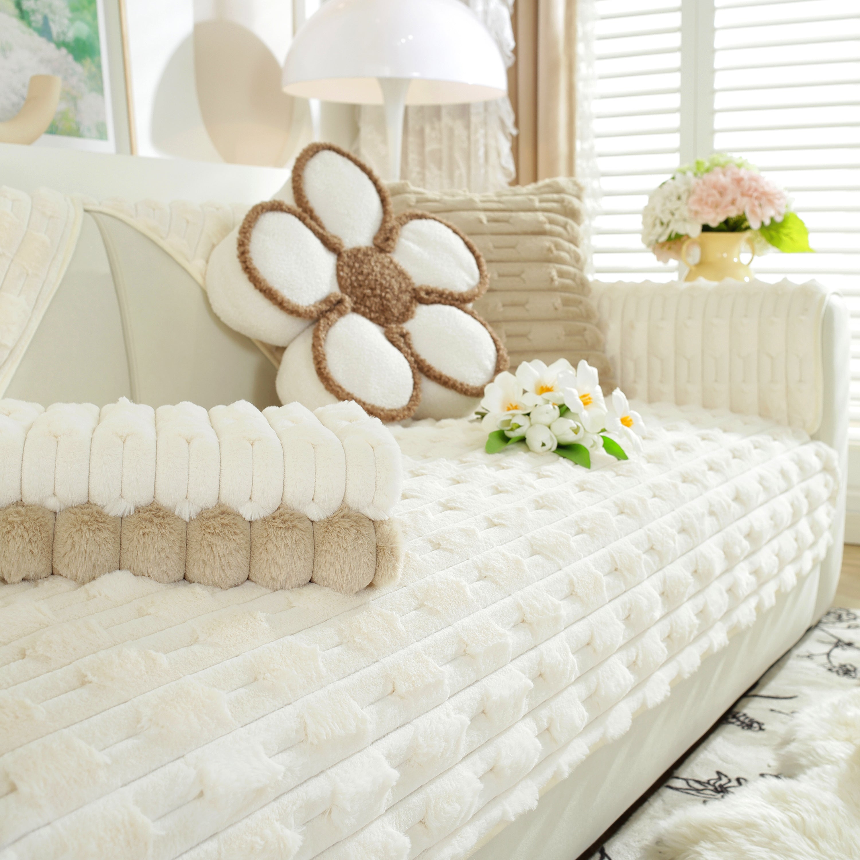 Bamboo-style Sofa Towel, Faux Rabbit Fur Thickened Non-slip Seat Cushion Covers
