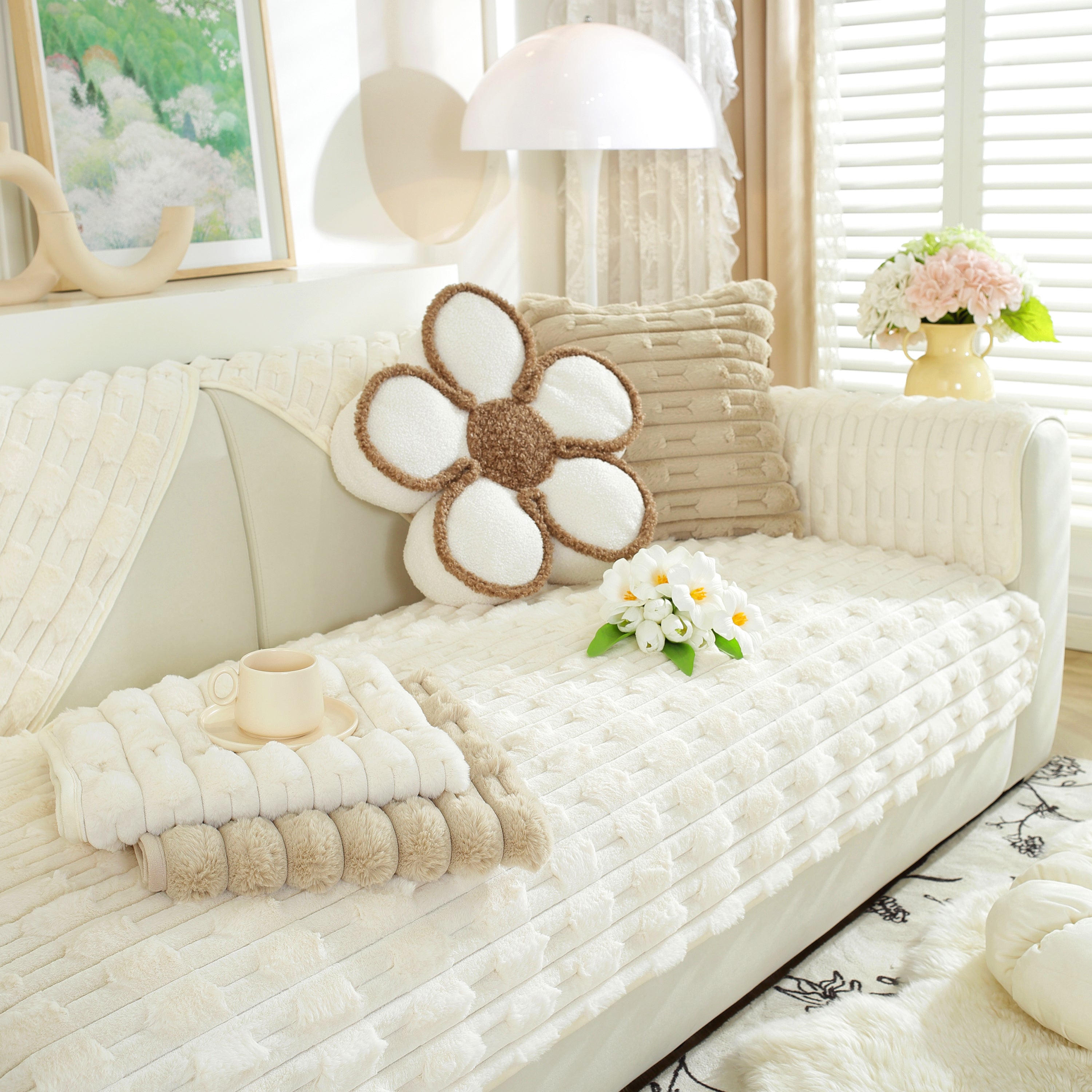 Bamboo-style Sofa Towel, Faux Rabbit Fur Thickened Non-slip Seat Cushion Covers