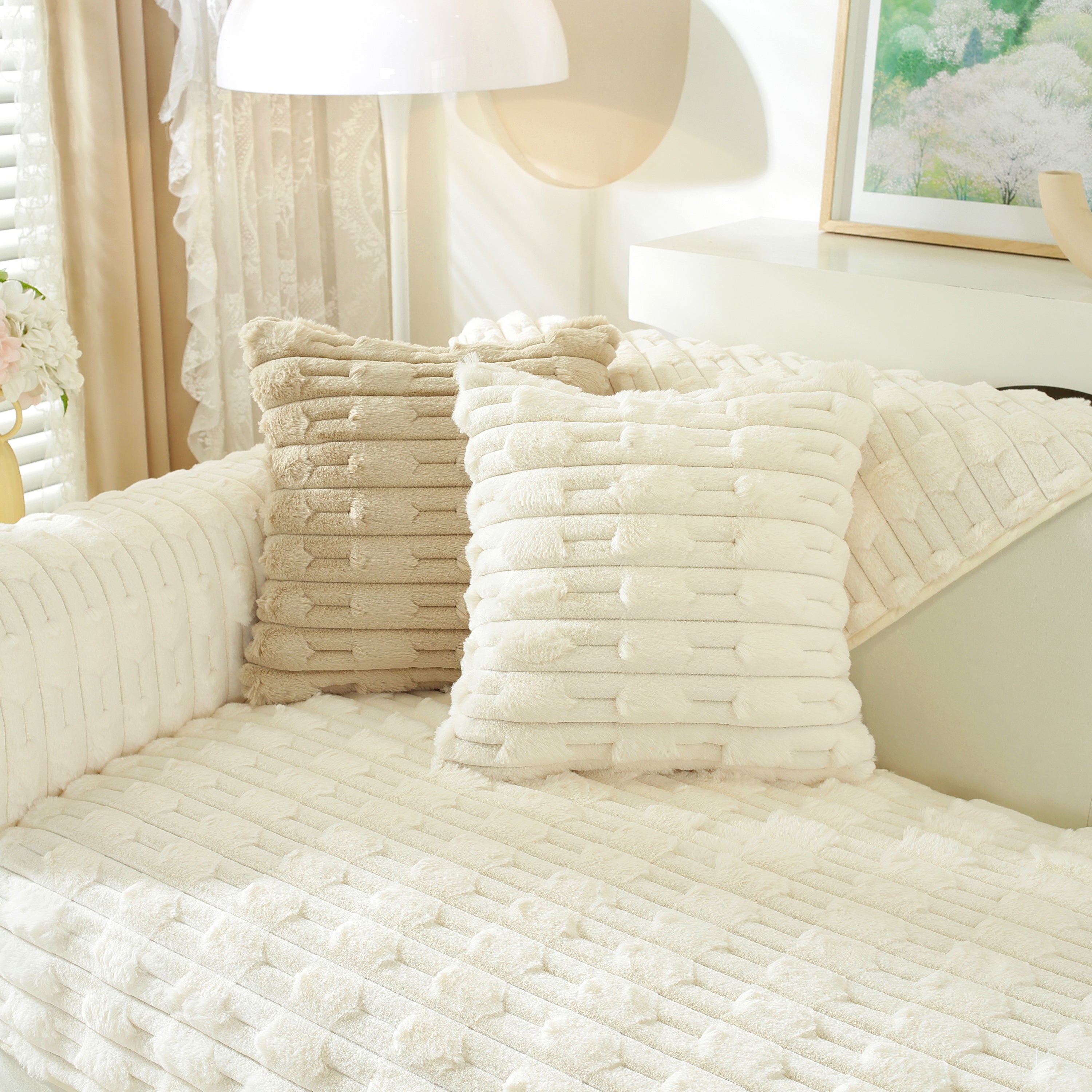 Bamboo-style Sofa Towel, Faux Rabbit Fur Thickened Non-slip Seat Cushion Covers