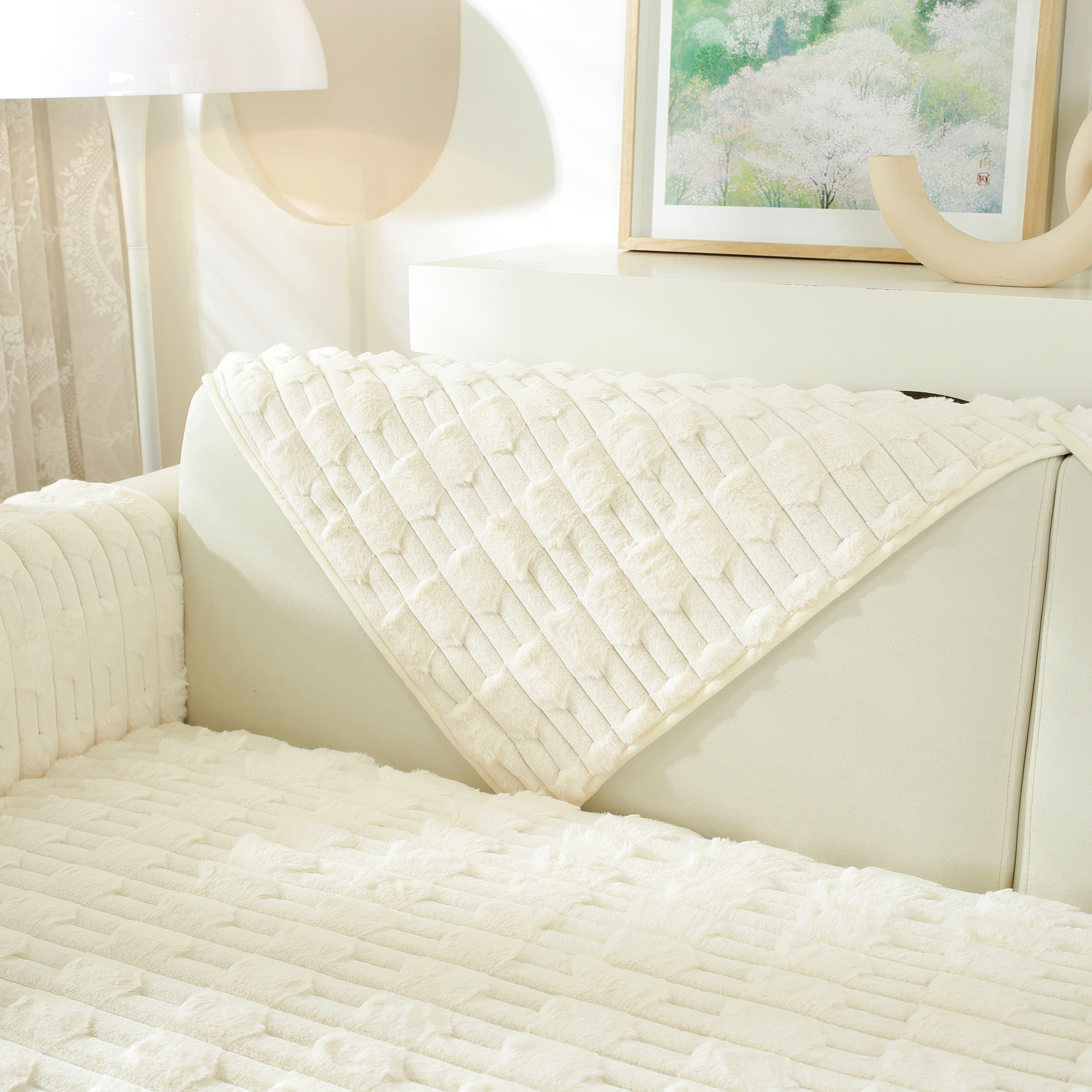 Bamboo-style Sofa Towel, Faux Rabbit Fur Thickened Non-slip Seat Cushion Covers