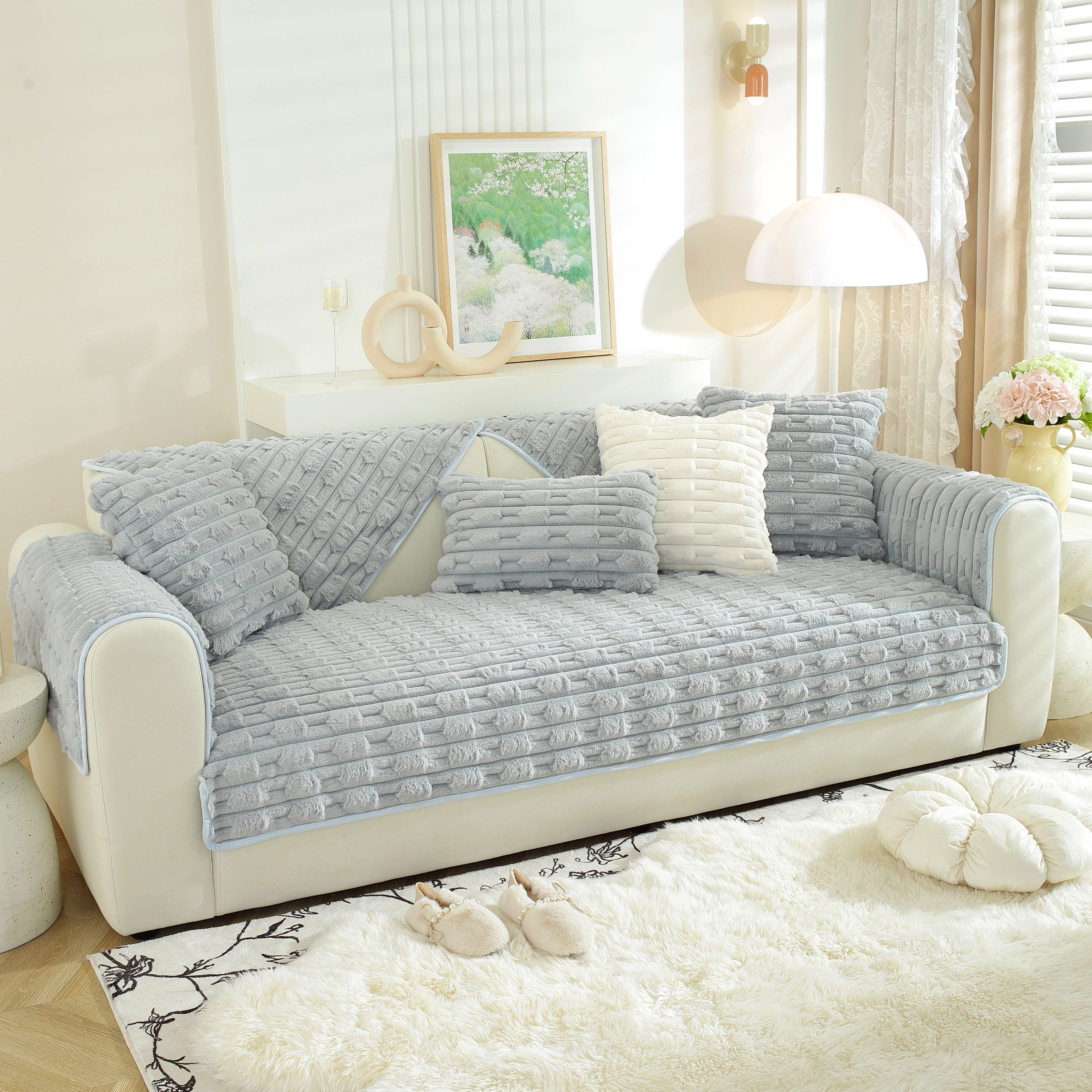 Bamboo-style Sofa Towel, Faux Rabbit Fur Thickened Non-slip Seat Cushion Covers
