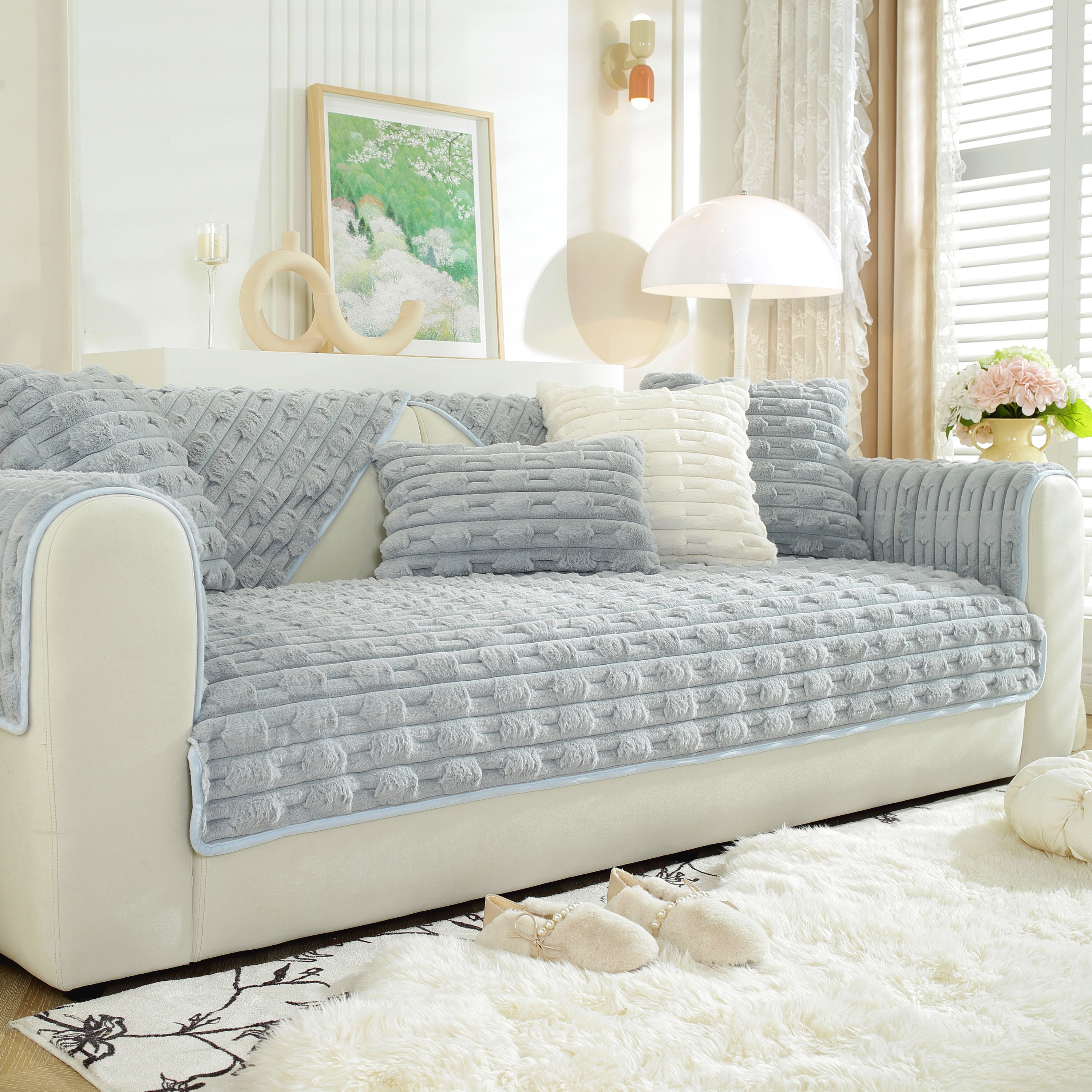 Bamboo-style Sofa Towel, Faux Rabbit Fur Thickened Non-slip Seat Cushion Covers