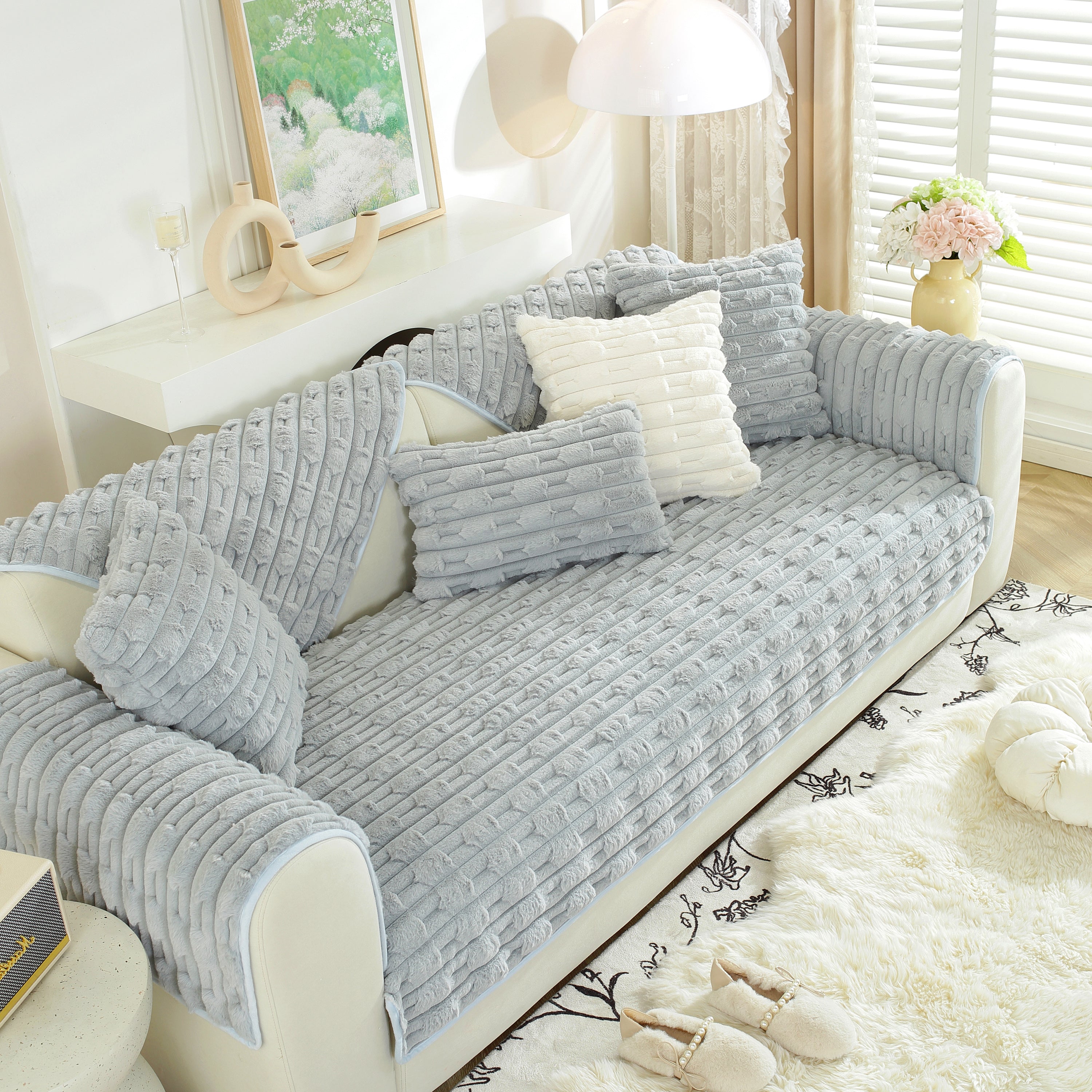 Bamboo-style Sofa Towel, Faux Rabbit Fur Thickened Non-slip Seat Cushion Covers
