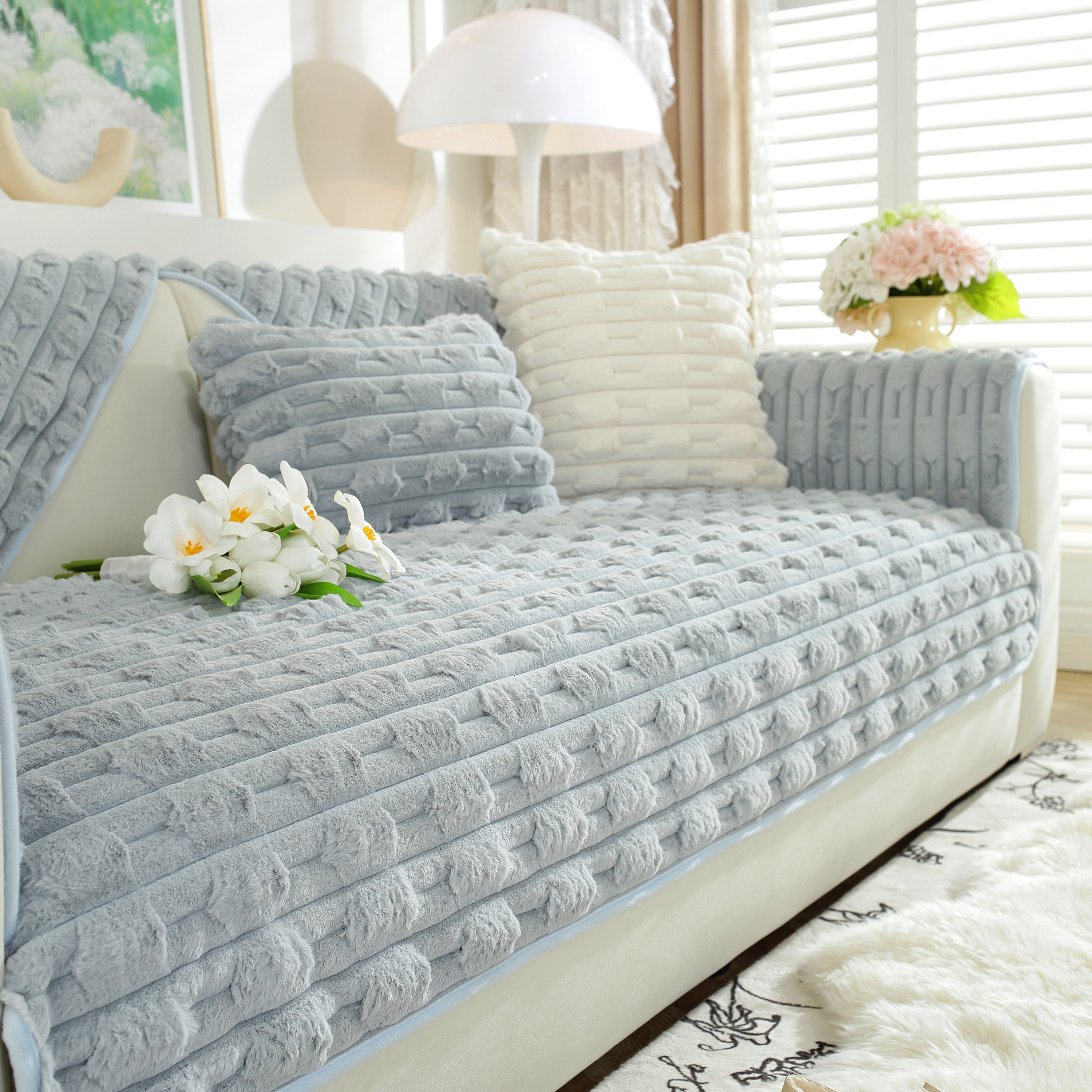 Bamboo-style Sofa Towel, Faux Rabbit Fur Thickened Non-slip Seat Cushion Covers